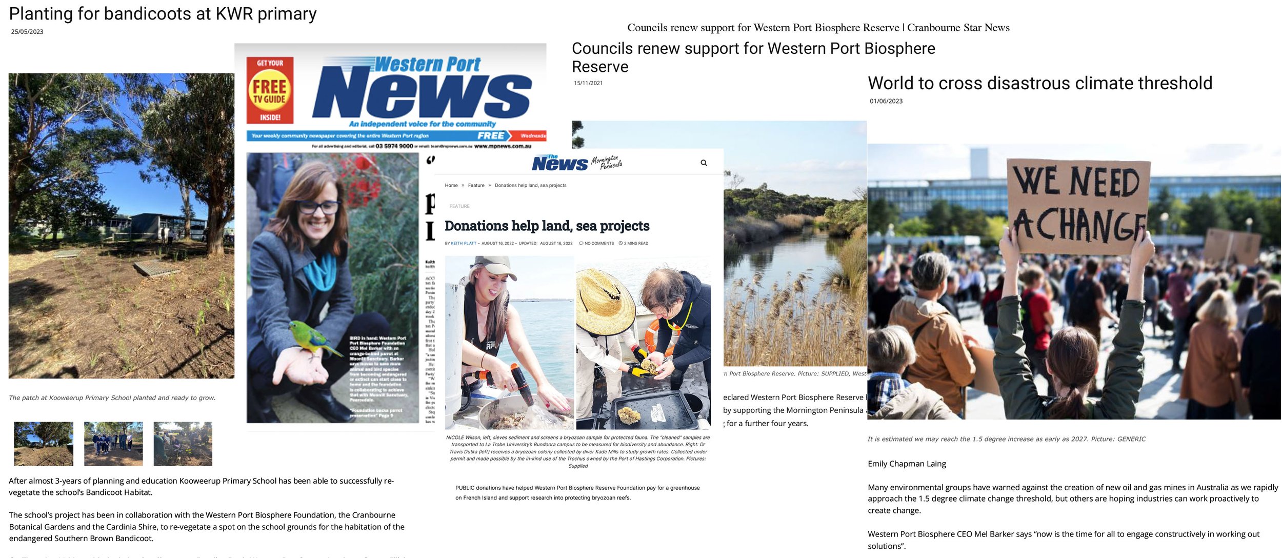 A selection of clippings from local media covering Western Port Biosphere Reserve.