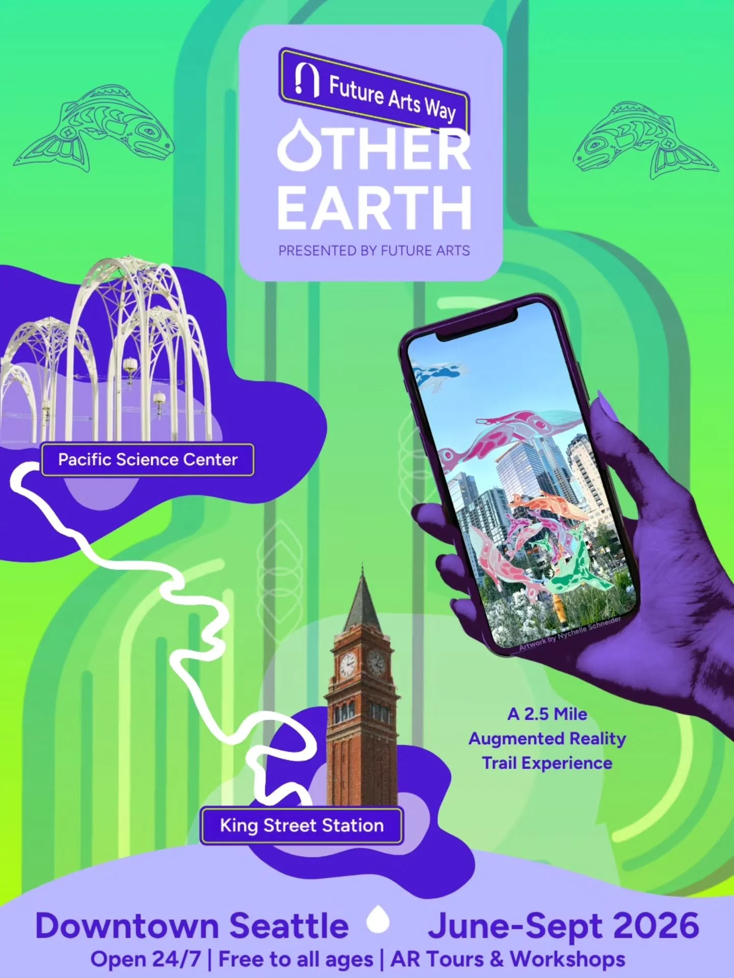 ✨ Future Arts Presents: Future Arts Way: Other Earth, a 2.5 Mile Augmented Reality Trail Experience 🔮
Location: Downtown Seattle, From Pac Sci to King Street Station
Open 24/7 | Free to all ages | AR Tours &amp; Workshops 
Opening Ceremony: Tuesday,