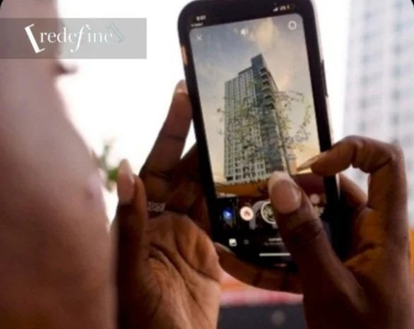 phone capturing augmented reality art of  a flock of organic objects in the sky