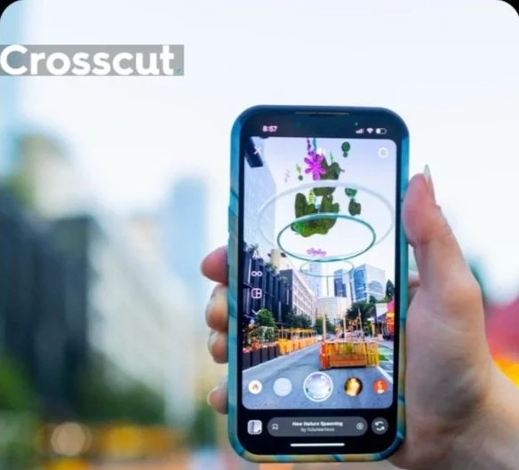 phone capturing augmented reality art of plants and hoops