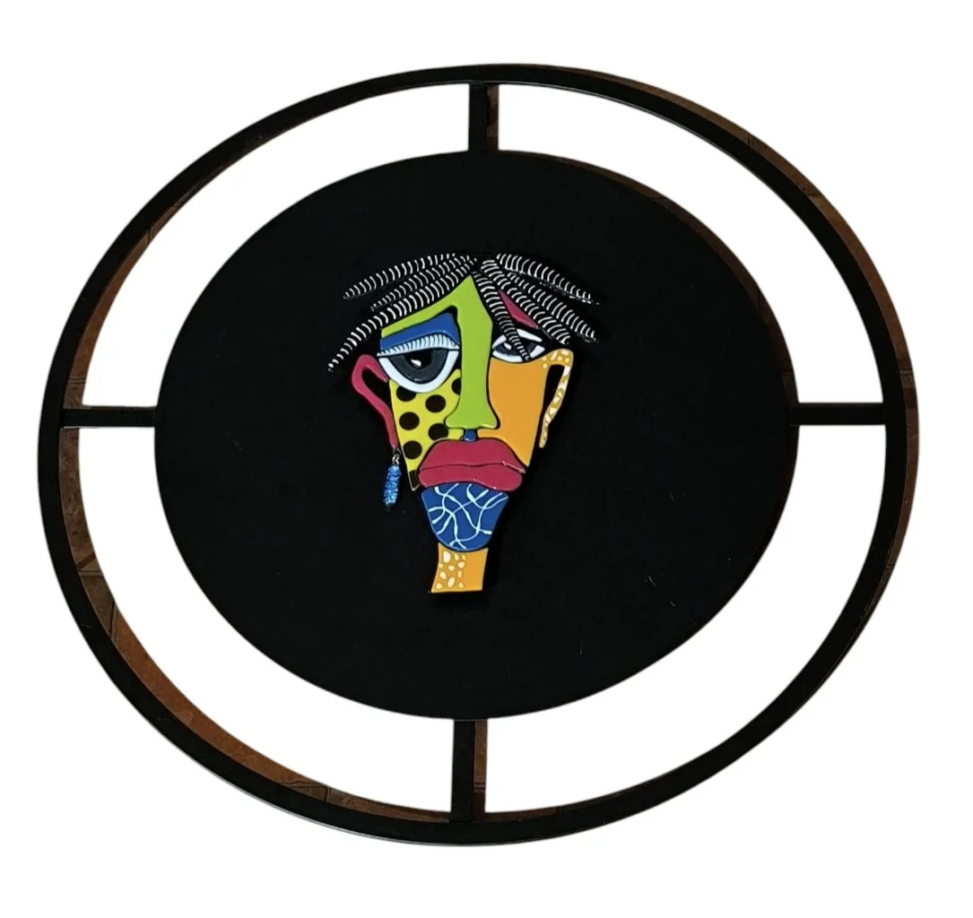 Rhythm of the Soul by Serena Mercer
60cm round
For sale: $260 - contact Serena directly at 30glassart@gmail.com.
I love this unique piece, with his funky hair and earring.
This is fused glass, with glass paints, glass decals and dichroic.
I'm Sere