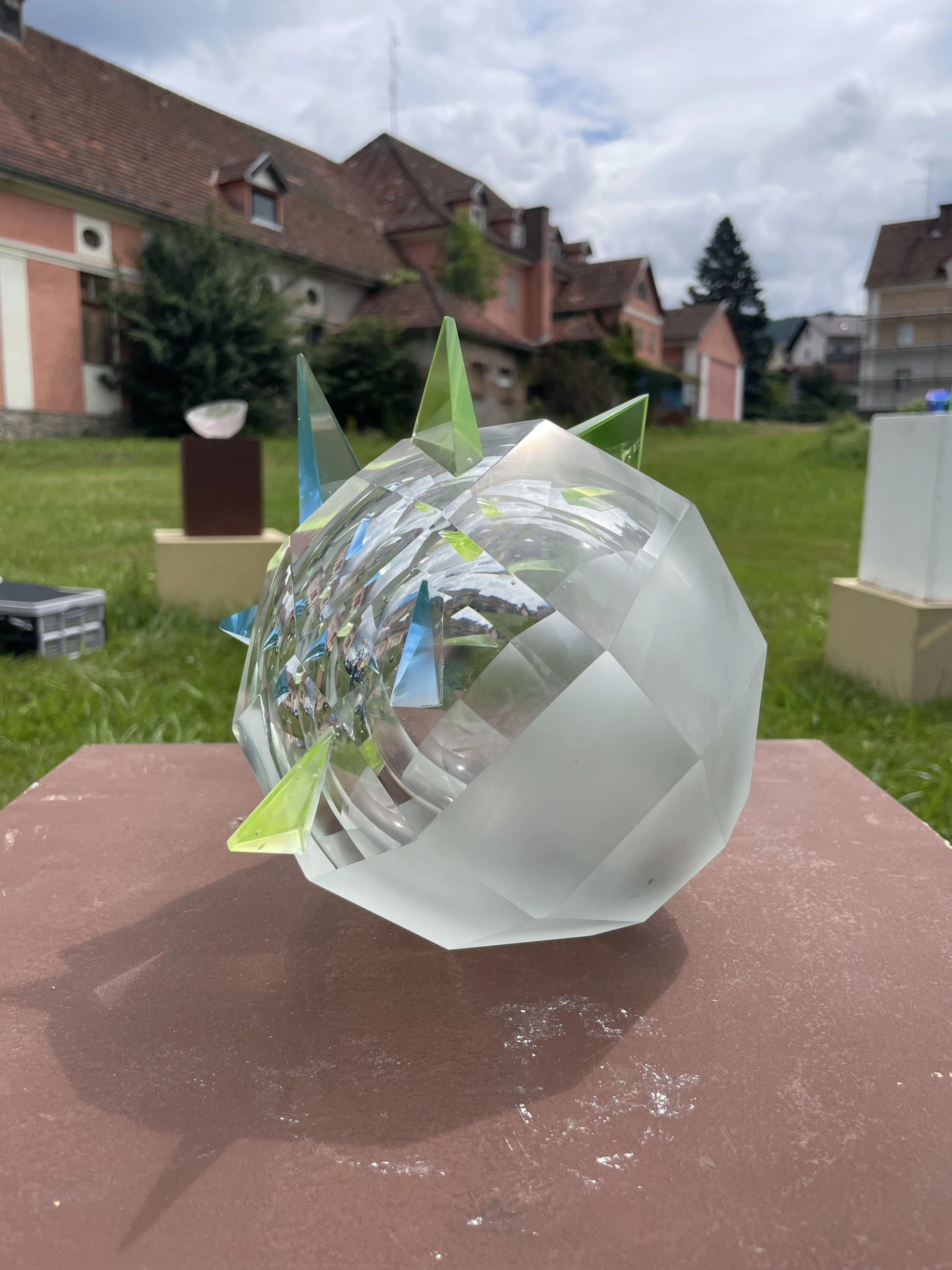 SHAPES by Karin Barr
Image 2 of 2
30 x 30 x 30 cm
Not for sale
This work is the result of attending a glass cold-work  class in Germany tutored by a Master from the Czech Republic.
My artistic journey began many years ago as a stone carver. Driven