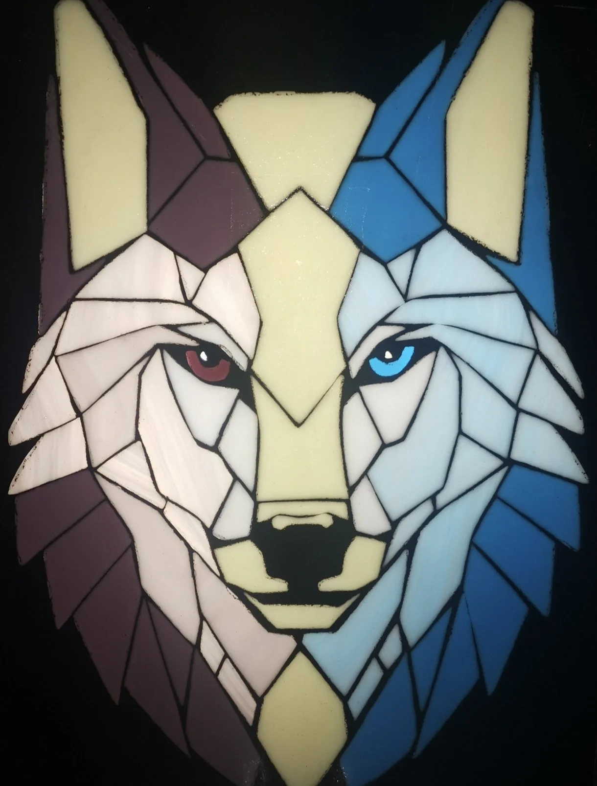 Two sided soul (in a light box) by Serena Mercer
30 cm x 37 cm
For sale: $420 - contact Serena directly at 30glassart@gmail.com.
I do love this piece of Art. This is based on our family dog Shadow. So I have done the female/male joined as one. T
