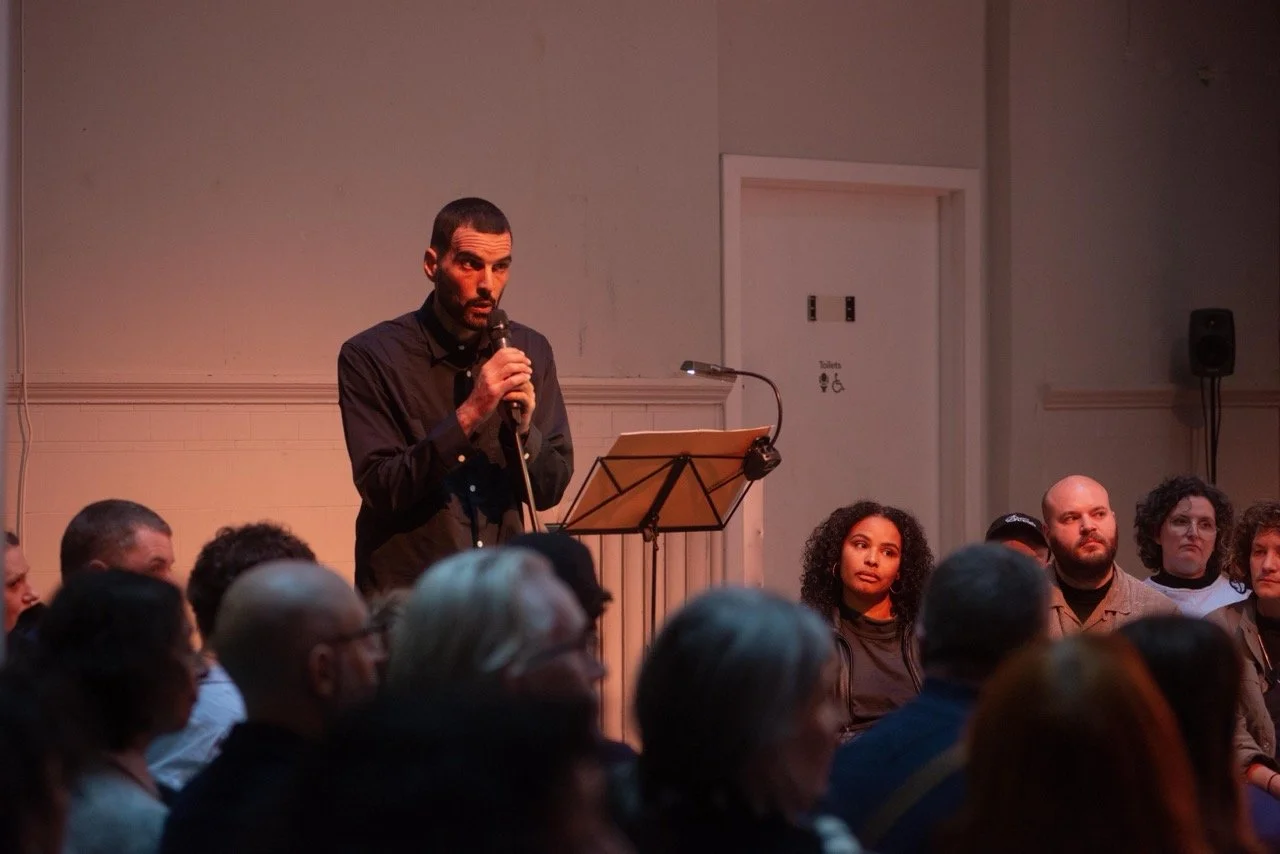Noor Abed and Haig Aivazian, ‘Nothing will remain other than the thorn lodged in the throat of this world’. Performance at The Common Guild (2025). Photo: Alan Dimmick. Courtesy of the artists. 