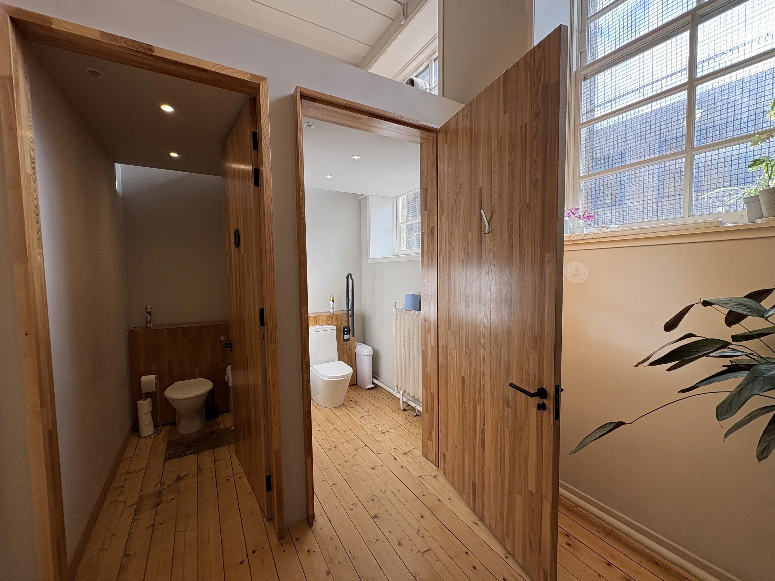 A wooden toilet stall with a door wide open, containing a toilet and raised handrail. The room has wooden floors and light coming through from two raised windows. A plant pot sits on the right-hand side.