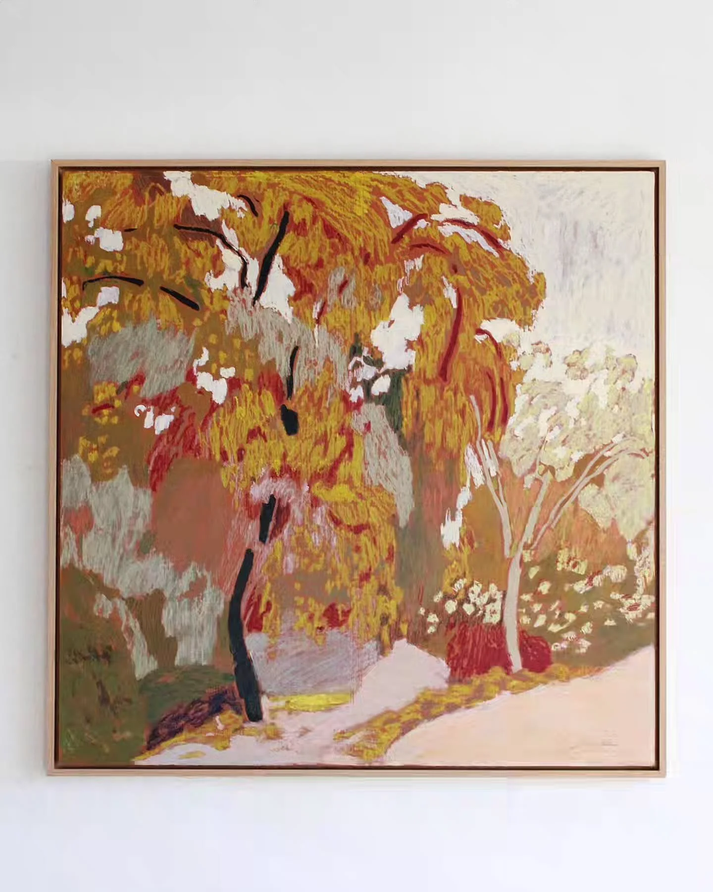 KEW GINKGO Oil sticks on wood 30 x 30&quot; 
A study of the golden ginkgo trees from a recent trip to @kewgardens 
Sold and now hanging in its new home 

#kewgardens #yellowginkgo #oilartist #landscapespainting #autumnpalette