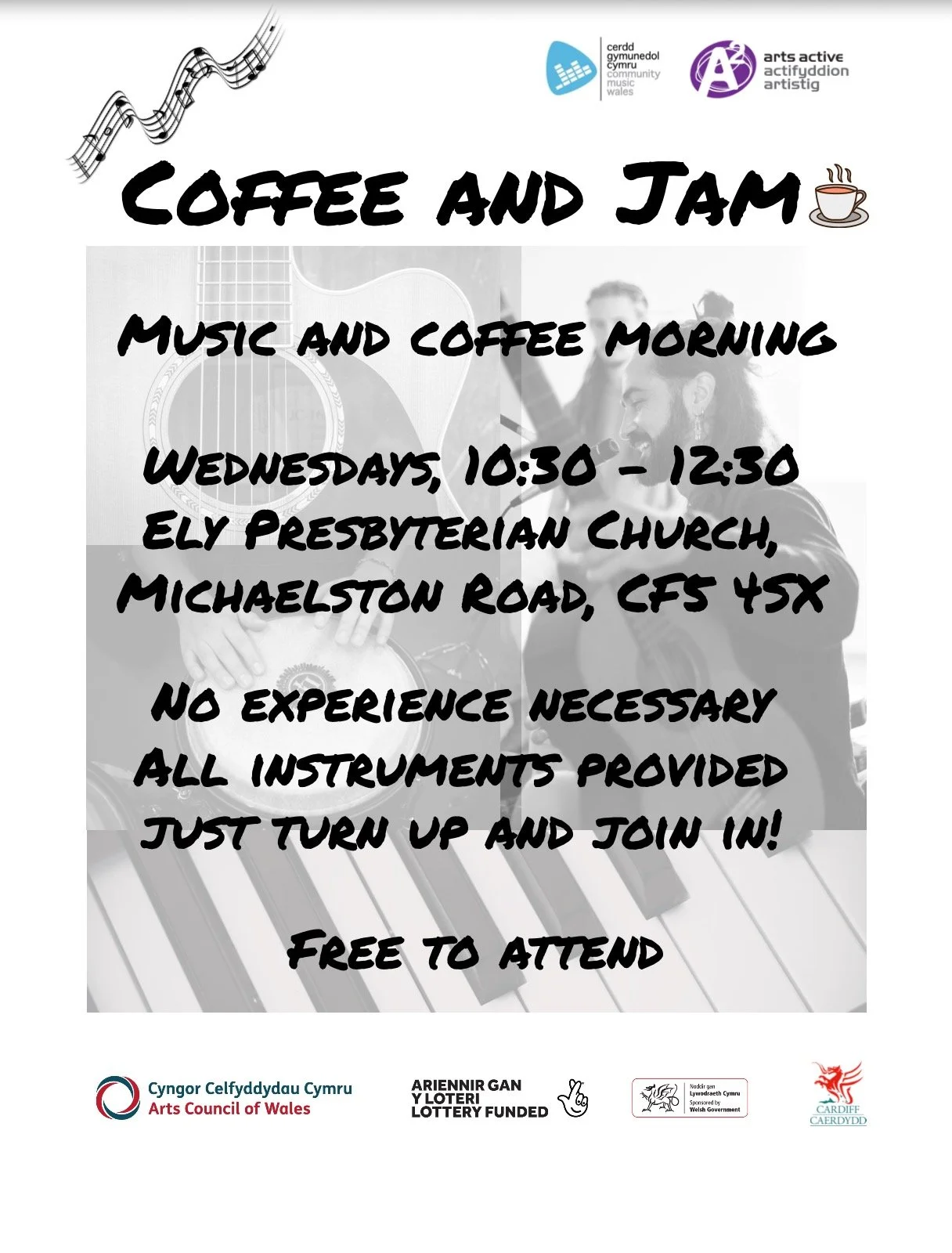 Coffee &amp; Jam - Every Wednesday in Ely!☕🎸
Looking for something uplifting to do midweek? 
Coffee &amp; Jam, delivered in partnership with @artsactivecardiff, is a free music and coffee morning at Ely Presbyterian Church (Michaelston Road, CF5 4SX