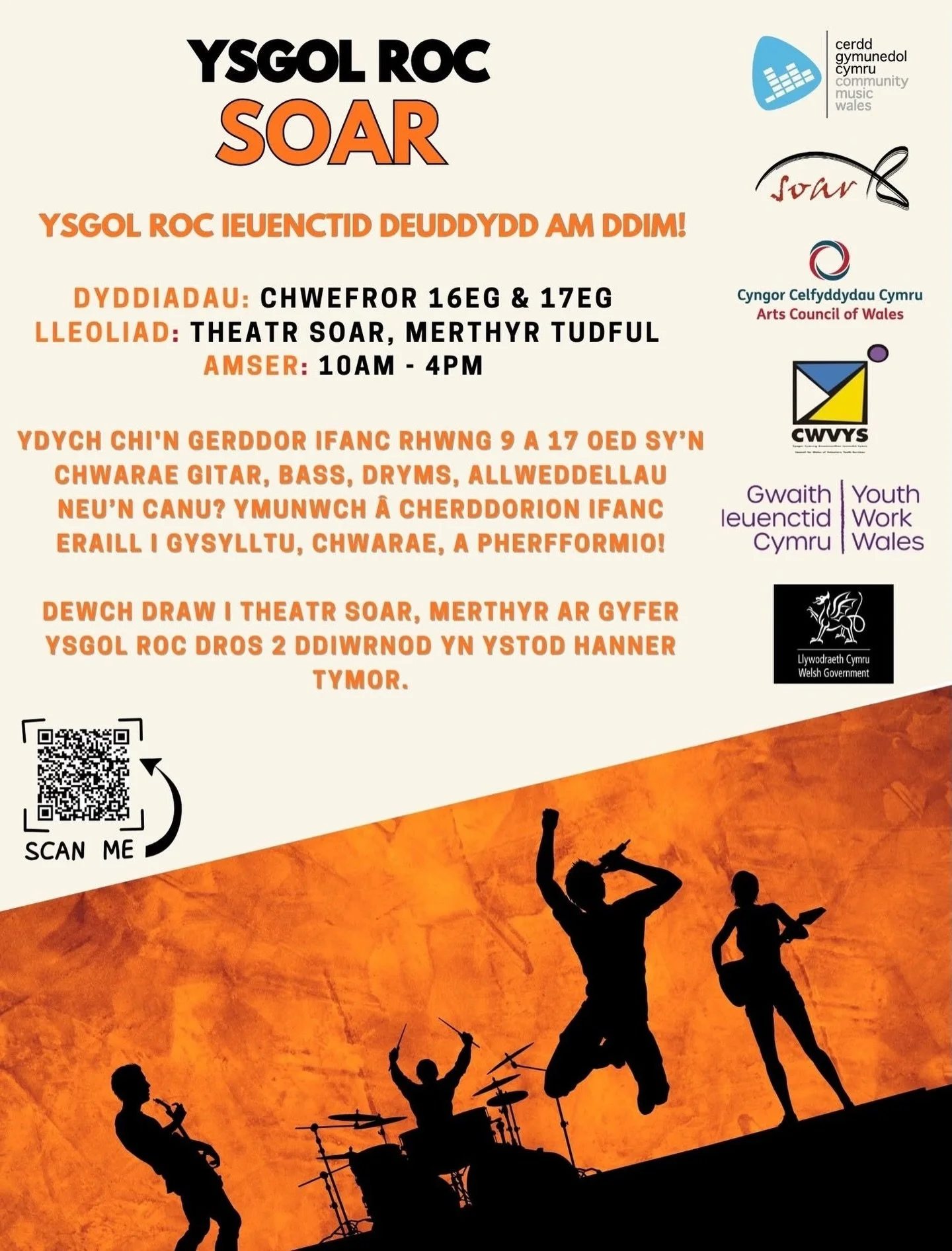 Mae Ysgol Roc Soar yn &ocirc;l yn hanner tymor mis Chwefror!🎸

Mwynhewch ddau ddiwrnod AM DDIM o gerddoriaeth, creadigrwydd a hwyl.

📅 16 a 17 Chwefror
📍 Soar, Merthyr Tudful
👥 Oedran 9&ndash;17

Cyfle gwych i bobl ifanc chwarae offerynnau, canu,