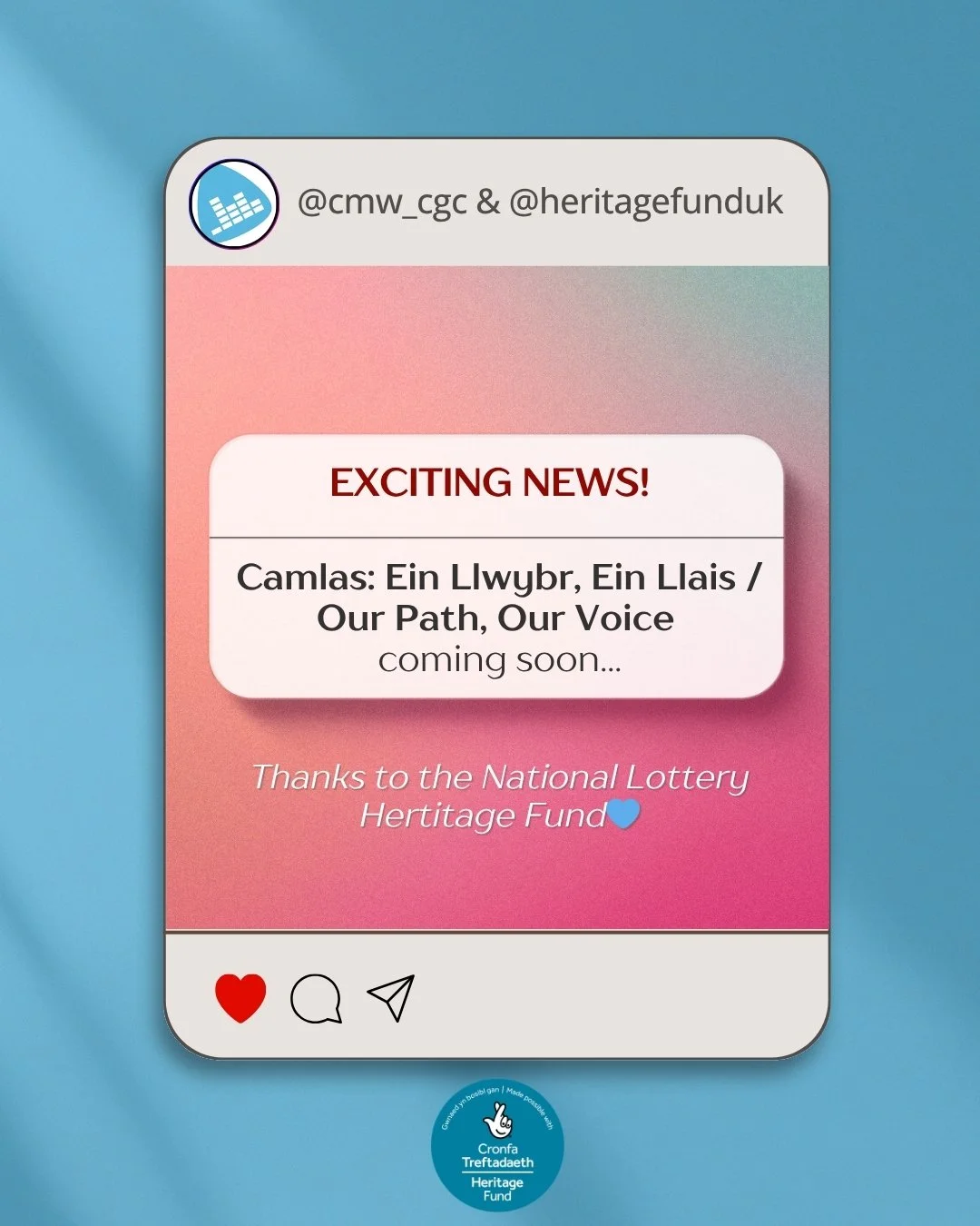 ✨EXCITING NEWS!✨

Camlas: Ein Llwybr, Ein Llais / Our Path, Our Voice is a new community heritage and arts project led by Community Music Wales, supported by The National Lottery Heritage Fund. This funding brings communities across South Wales toget