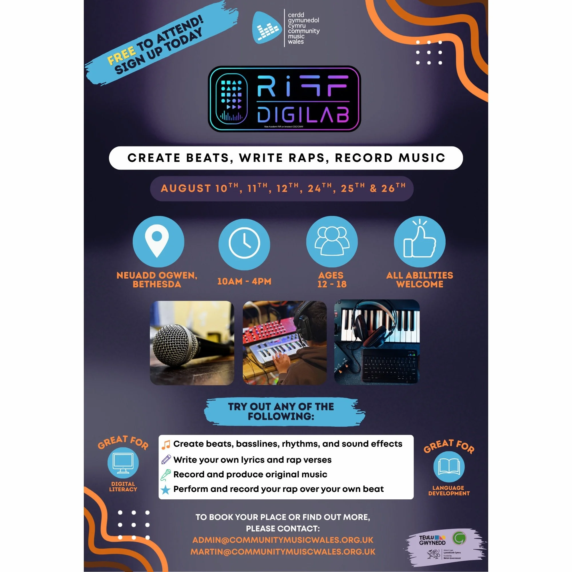 Want to make beats, write rap lyrics and record your own music?
Community Music Wales presents... 
 
RiFF DIGILAB - FREE summer workshops for ages 12&ndash;18! 
 
📍 Neuadd Ogwen
🕙 10.00am &ndash; 4.00pm 
📅 Dates 10th, 11th &amp; 12 August &amp; 24