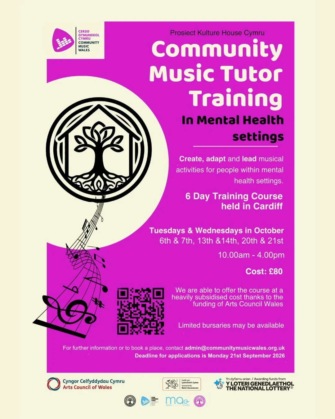 Exciting News!🥳

Our Community Music in Mental Health Settings Tutor Training Course is back for 2026!

📍Location: Cardiff, South Wales
📆Dates: 6th, 7th, 13th, 14th, 20th &amp; 21st October 2026
⏰Time: 10am &ndash; 4pm

Please note, you need to be