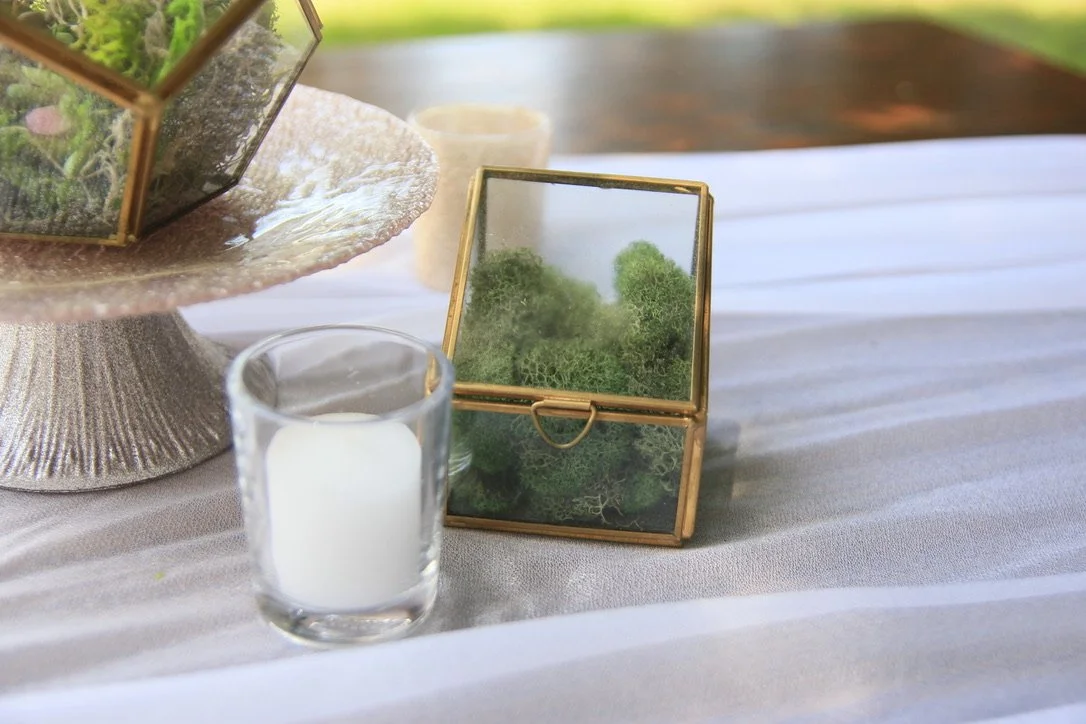 Gold Terrarium Box with Moss Green Gables Farm Wedding Venue