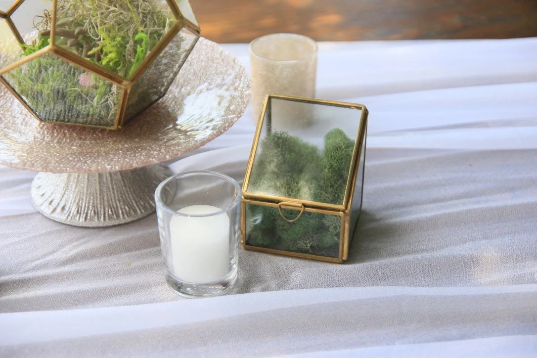 Gold Terrarium Box with Moss Green Gables Farm Wedding Venue