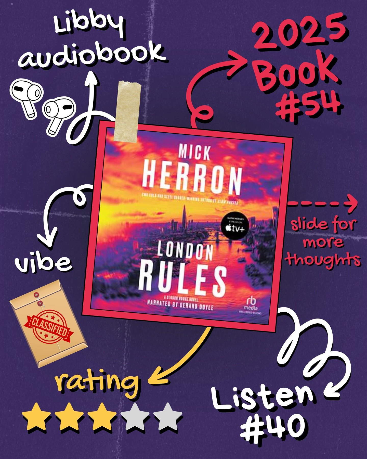 2025 🎧 Listen 40/Book 54 - London Rules - Mick Herron

#readallthebooks #omneslibroslegimus #wereadallthebooks #books #booklovers #read #readers #bookclub #bookclubs #shelfindulgence #shelfindulgencebookclub #shelfindulgencebookclub2025 #bookit #per