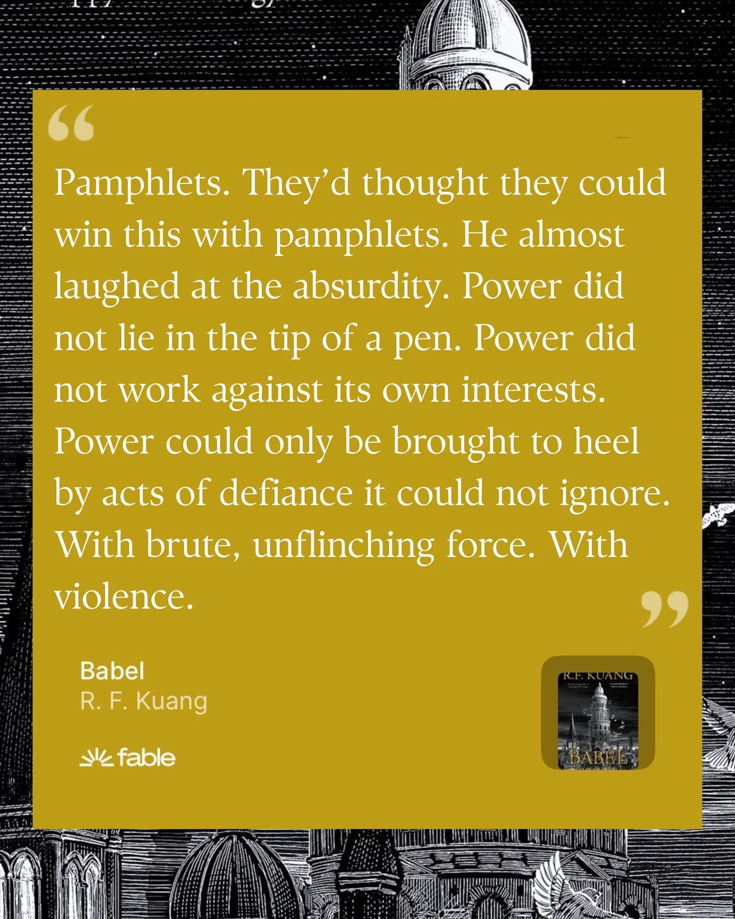 Chapter 25
#babel #rkruang
#readallthebooks #omneslibroslegimus #wereadallthebooks #books #booklovers #read #readers #bookclub #bookclubs #shelfindulgence #shelfindulgencebookclub #shelfindulgencebookclub2025 #bookit #personalpanpizza #bookclubstick