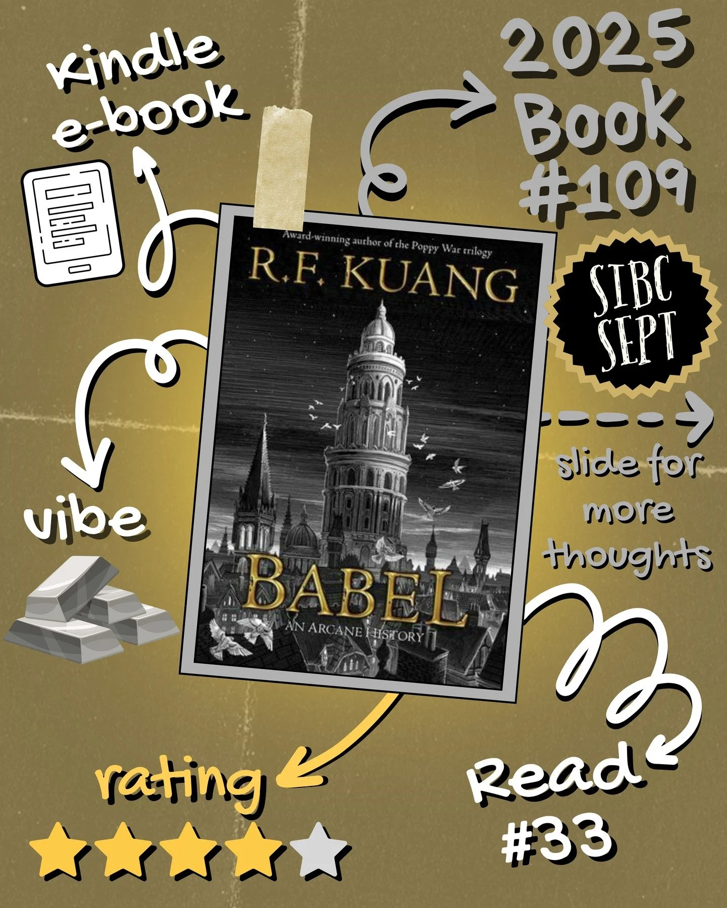2025 π Read 33/Book 109: Babel by R. F. Kuang (Shelf Indulgence Book Club Pick for September 2025)
#readallthebooks #omneslibroslegimus #wereadallthebooks #books #booklovers #read #readers #bookclub #bookclubs #shelfindulgence #shelfindulgencebookc