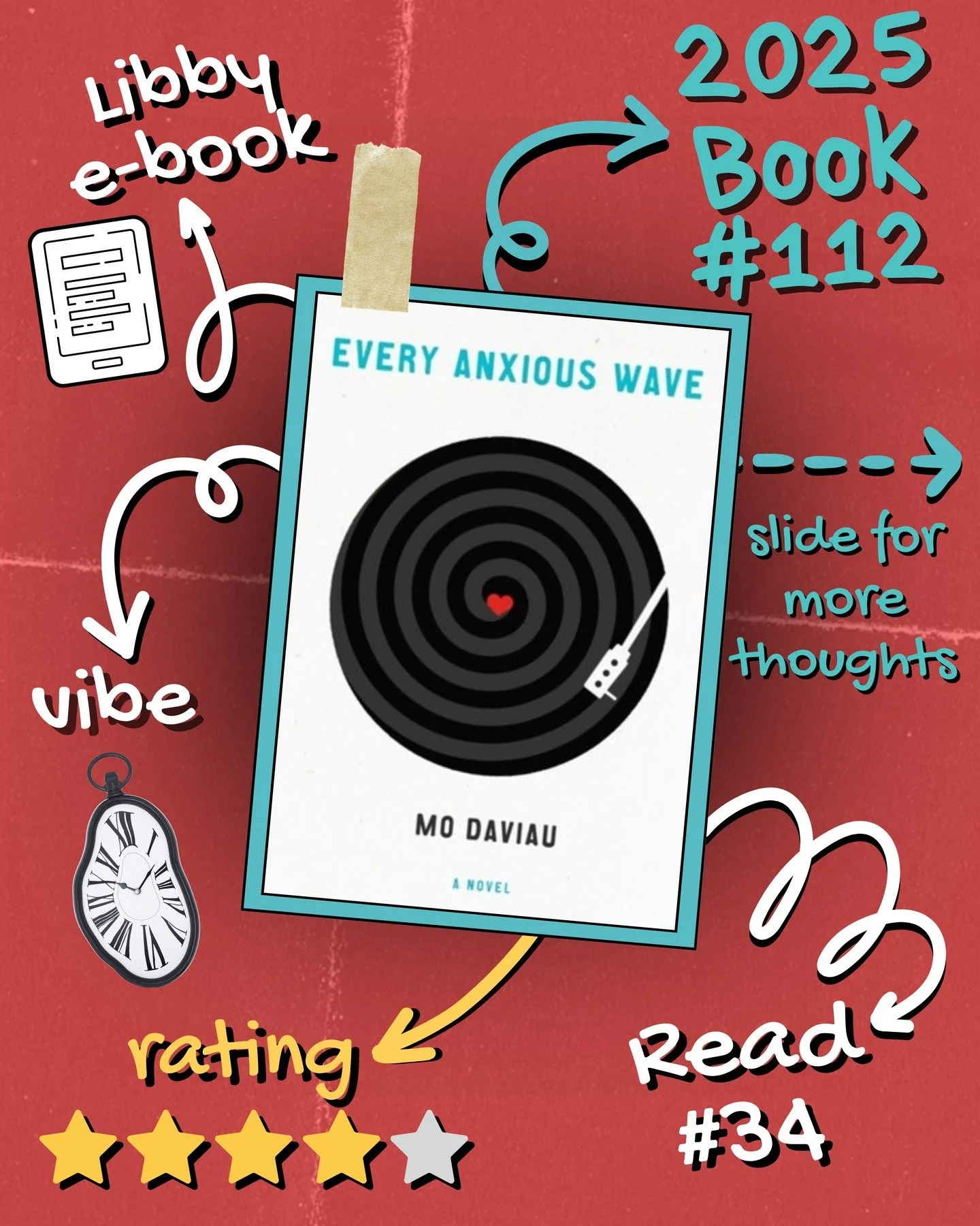 2025 π Read 34/Book 112: Every Anxious Wave by Mo Daviau
#readallthebooks #omneslibroslegimus #wereadallthebooks #books #booklovers #read #readers #bookclub #bookclubs #shelfindulgence #shelfindulgencebookclub #shelfindulgencebookclub2025 #bookit #