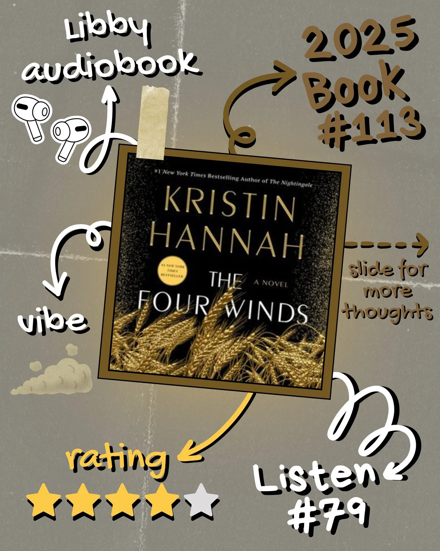 2025 π§ Listen 79/Book 113 - The Four Winds by Kristin Hannah
#readallthebooks #omneslibroslegimus #wereadallthebooks #books #booklovers #read #readers #bookclub #bookclubs #shelfindulgence #shelfindulgencebookclub #shelfindulgencebookclub2025 #book
