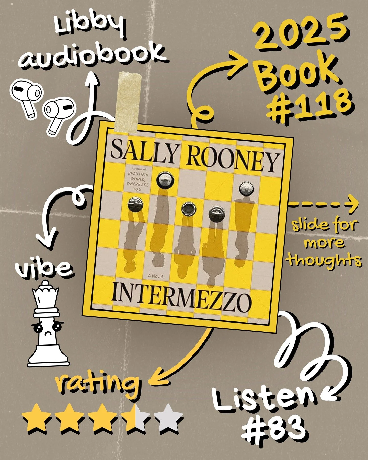 2025 π§ Listen 83/Book 118 - Intermezzo by Sally Rooney
#readallthebooks #omneslibroslegimus #wereadallthebooks #books #booklovers #read #readers #bookclub #bookclubs #shelfindulgence #shelfindulgencebookclub #shelfindulgencebookclub2025 #bookit #pe