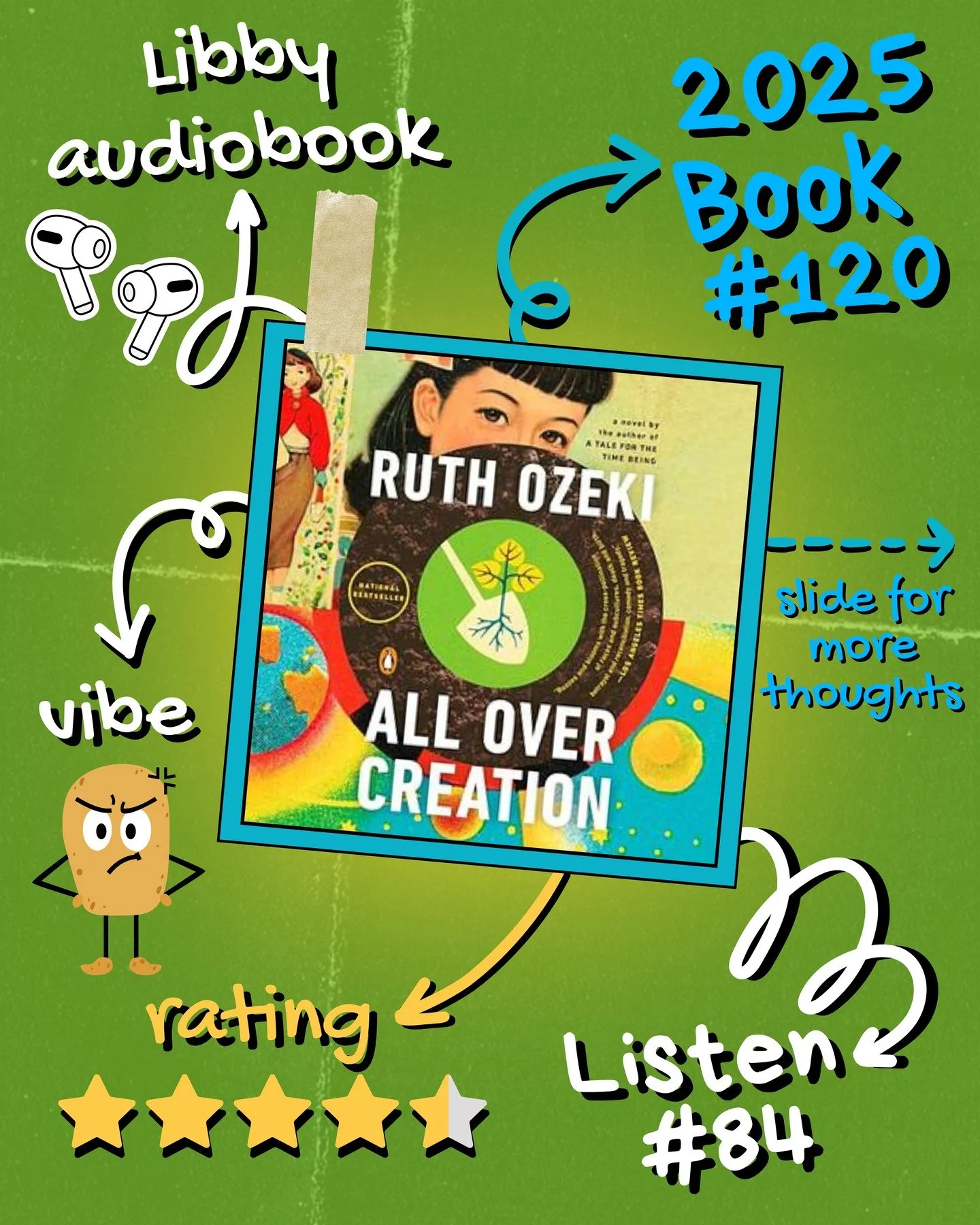 2025 π§ Listen 84/Book 120 - All Over Creation by Ruth Ozeki
#readallthebooks #omneslibroslegimus #wereadallthebooks #books #booklovers #read #readers #bookclub #bookclubs #shelfindulgence #shelfindulgencebookclub #shelfindulgencebookclub2025 #booki