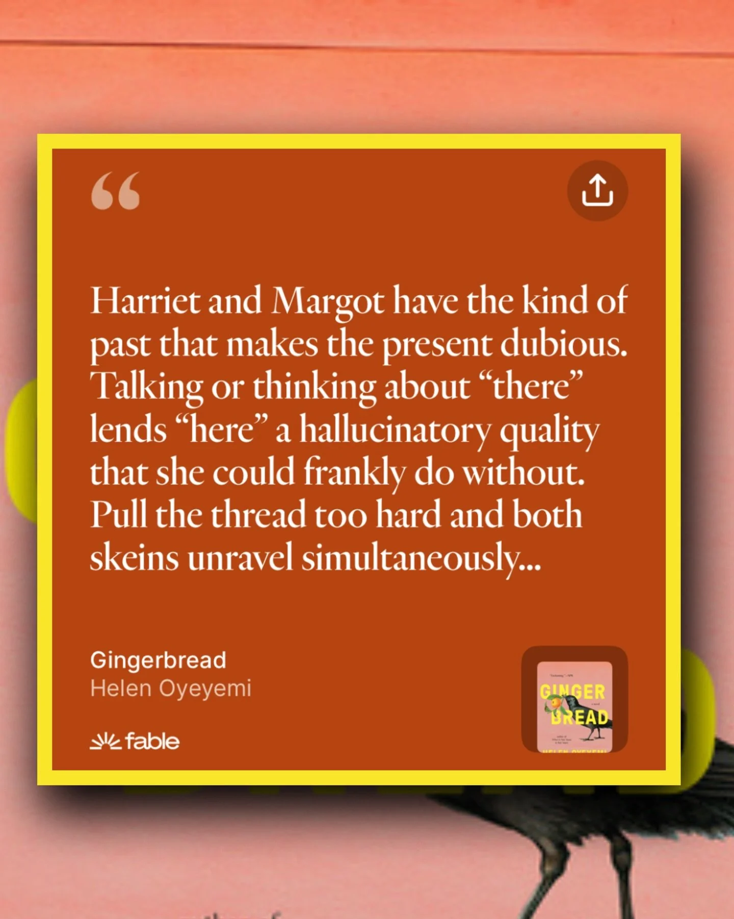 I&rsquo;m so enamored by the writing in this book. 
#gingerbread #helenoyeyemi 

#readallthebooks #omneslibroslegimus #wereadallthebooks #books #booklovers #read #readers #bookclub #bookclubs #shelfindulgence #shelfindulgencebookclub #shelfindulgence