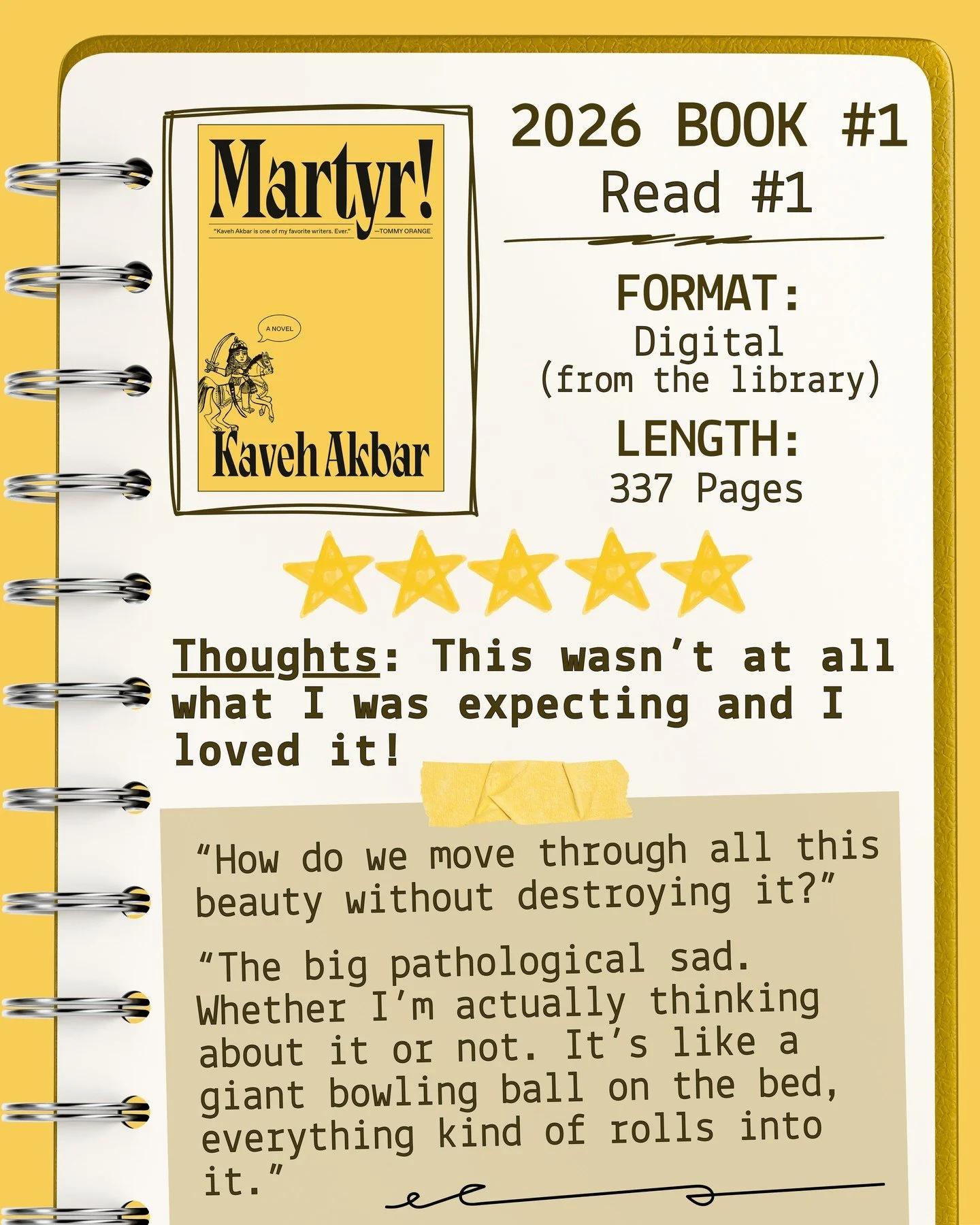 2026 📖 Read 1/Book 1
Martyr!
by Kaveh Akbar
⭐️⭐️⭐️⭐️⭐️

#readallthebooks #omneslibroslegimus #wereadallthebooks #books #booklovers #read #readers #bookclub #bookclubs #shelfindulgence #shelfindulgencebookclub #shelfindulgencebookclub2026 #bookit #pe