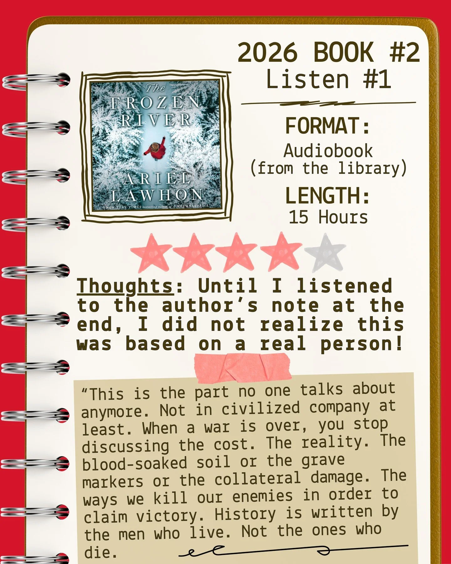 2026 🎧Listen 1/Book 2
The Frozen River by Ariel Lawhon
⭐️⭐️⭐️⭐️

#readallthebooks #omneslibroslegimus #wereadallthebooks #books #booklovers #read #readers #bookclub #bookclubs #shelfindulgence #shelfindulgencebookclub #shelfindulgencebookclub2026 #b