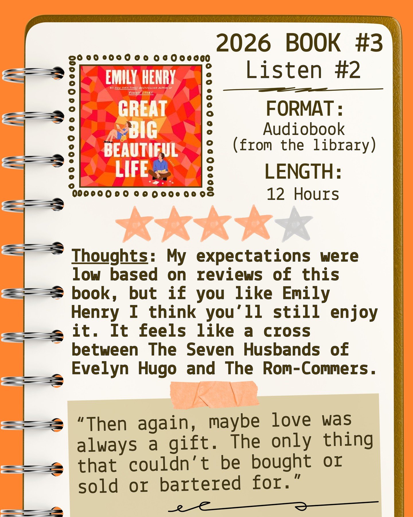 2026 🎧Listen 2/Book 3
Great Big Beautiful Life
⭐️⭐️⭐️⭐️

#readallthebooks #omneslibroslegimus #wereadallthebooks #books #booklovers #read #readers #bookclub #bookclubs #shelfindulgence #shelfindulgencebookclub #shelfindulgencebookclub2026 #bookit #p