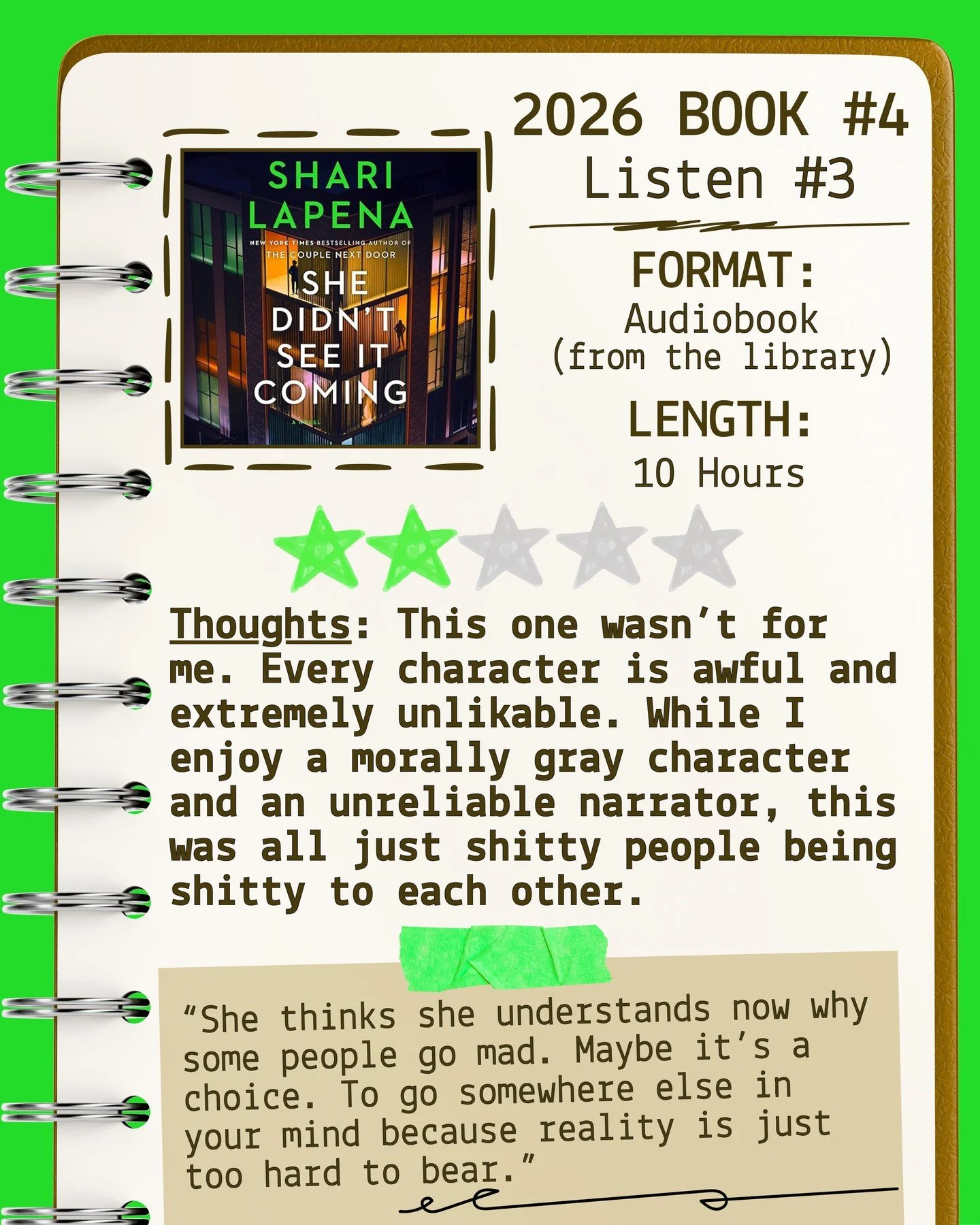 2026 🎧Listen 3/Book 4 - She Didn't See it Coming by Shari Lapena
⭐️⭐️

#readallthebooks #omneslibroslegimus #wereadallthebooks #books #booklovers #read #readers #bookclub #bookclubs #shelfindulgence #shelfindulgencebookclub #shelfindulgencebookclub2