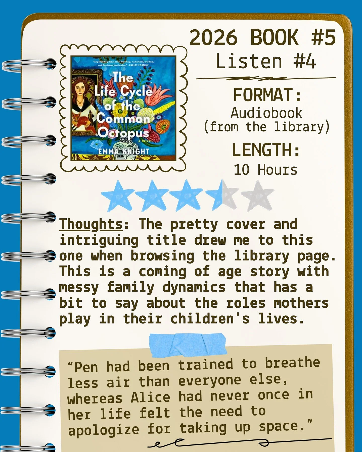 2026 🎧Listen 4/Book 5 - The Life Cycle of the Common Octopus ⭐️⭐️⭐️

#readallthebooks #omneslibroslegimus #wereadallthebooks #books #booklovers #read #readers #bookclub #bookclubs #shelfindulgence #shelfindulgencebookclub #shelfindulgencebookclub202