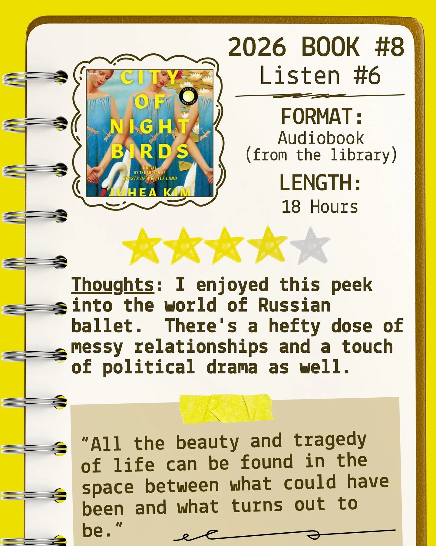 2026 🎧Listen 6/Book 8 - City of Night Birds by Juhea Kim ⭐️⭐️⭐️⭐️

#readallthebooks #omneslibroslegimus #wereadallthebooks #books #booklovers #read #readers #bookclub #bookclubs #shelfindulgence #shelfindulgencebookclub #shelfindulgencebookclub2026 