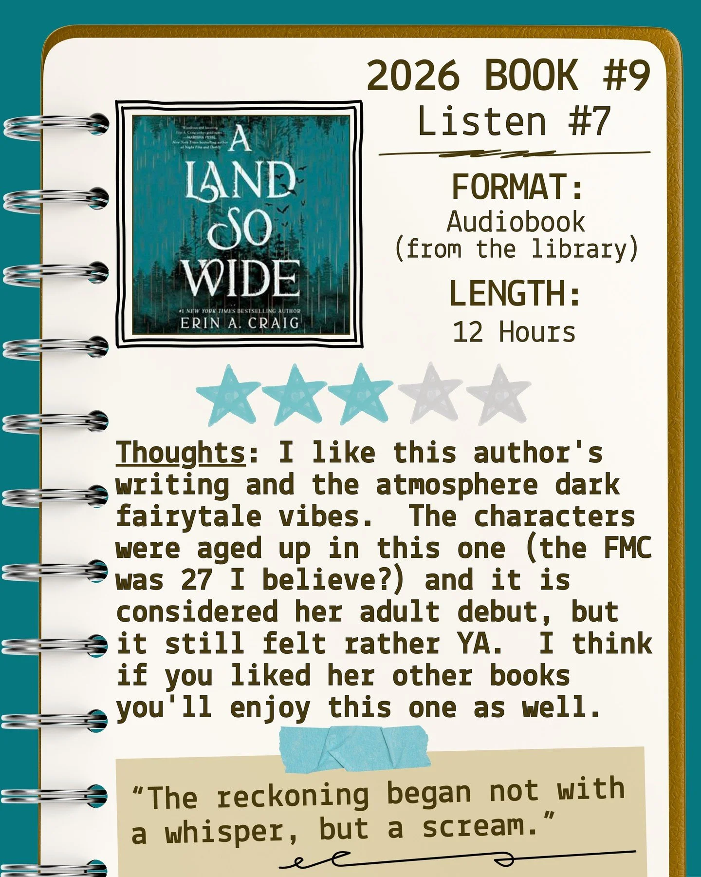 2026 🎧Listen 7/Book 9 - A Land so Wide by Erin A. Craig ⭐️⭐️⭐️

#readallthebooks #omneslibroslegimus #wereadallthebooks #books #booklovers #read #readers #bookclub #bookclubs #shelfindulgence #shelfindulgencebookclub #shelfindulgencebookclub2026 #bo