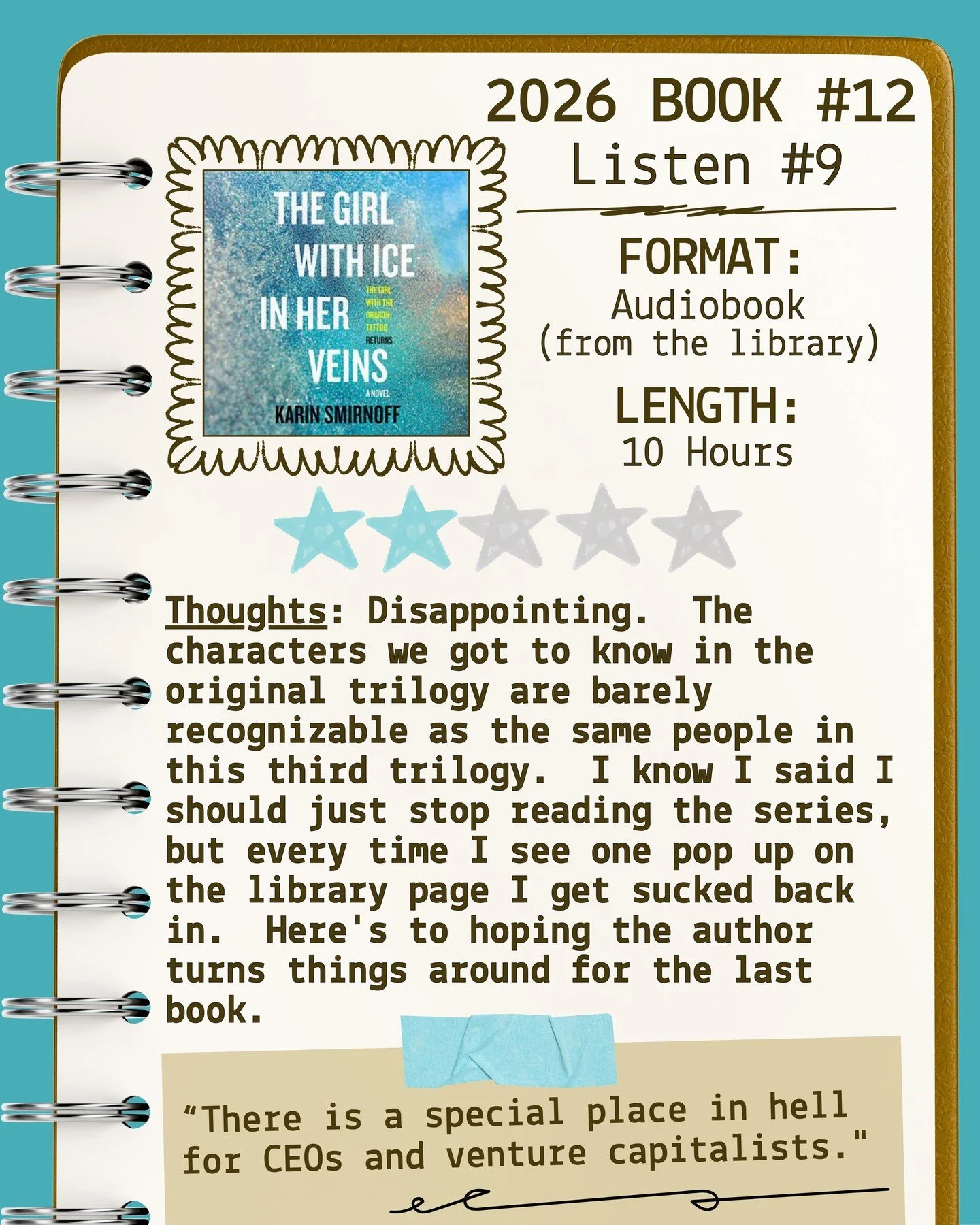 2026 🎧Listen 9/Book 12 - The Girl With Ice In Her Veins by Karin Smirnoff ⭐️⭐️

#readallthebooks #omneslibroslegimus #wereadallthebooks #books #booklovers #read #readers #bookclub #bookclubs #shelfindulgence #shelfindulgencebookclub #shelfindulgence