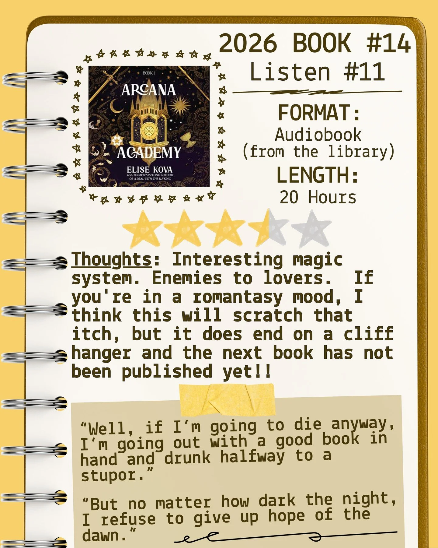 2026 🎧Listen 11/Book 14 - Arcana Academy by Elise Kova ⭐️⭐️⭐️ &amp; a half

#readallthebooks #omneslibroslegimus #wereadallthebooks #books #booklovers #read #readers #bookclub #bookclubs #shelfindulgence #shelfindulgencebookclub #shelfindulgencebook