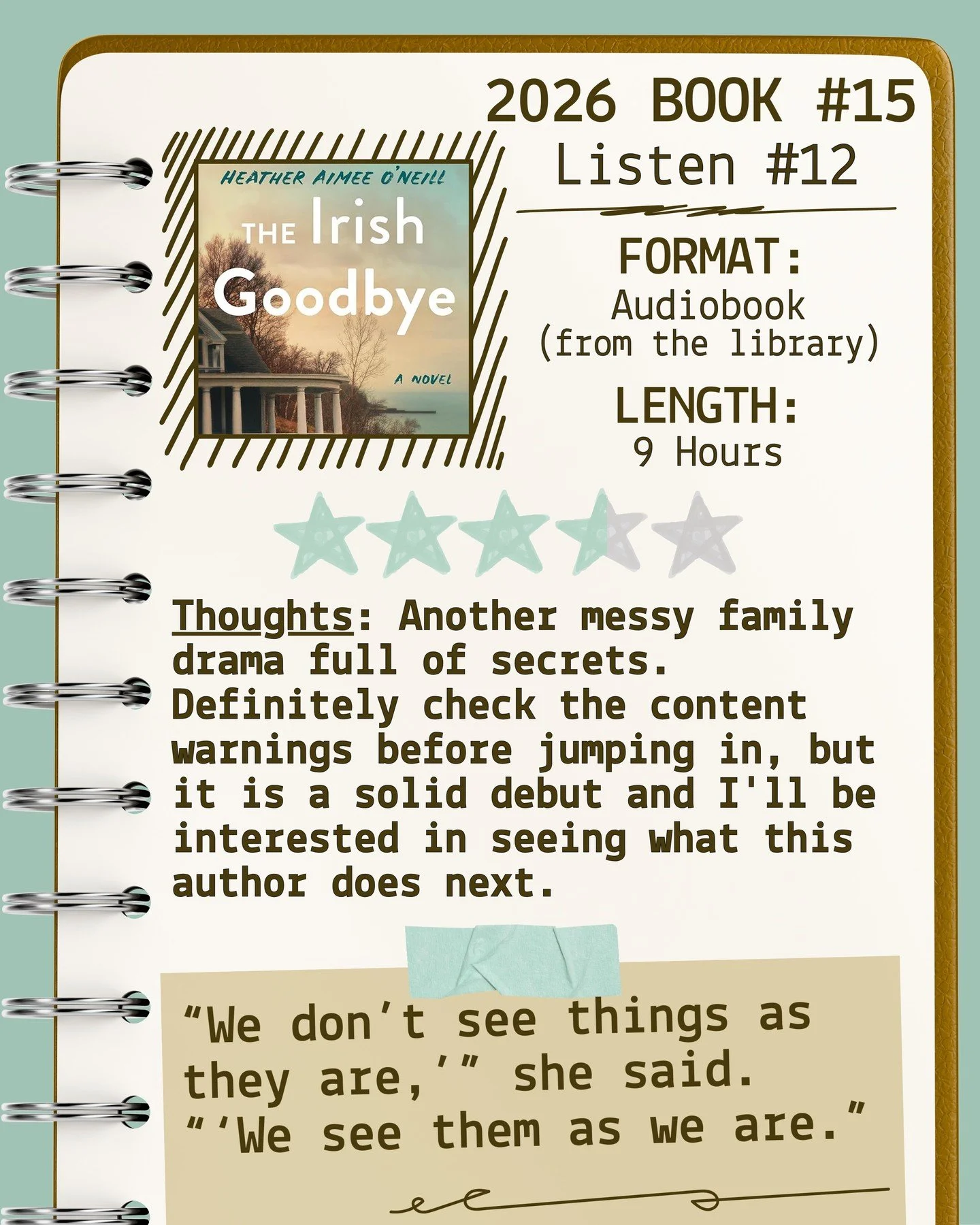2026 🎧Listen 12/Book 15 - The Irish Goodbye by Heather Aimee O'Neill ⭐️⭐️⭐️ &amp; a half

#readallthebooks #omneslibroslegimus #wereadallthebooks #books #booklovers #read #readers #bookclub #bookclubs #shelfindulgence #shelfindulgencebookclub #shelf