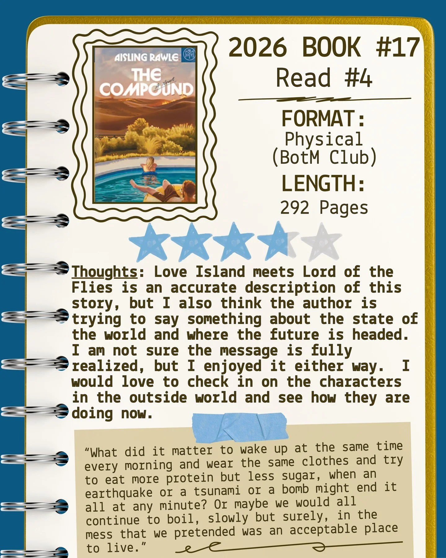 2026 📖 Read 4/Book 17 - The Compound by Aisling Rawle ⭐️⭐️⭐️&amp; 3/4ths

#readallthebooks #omneslibroslegimus #wereadallthebooks #books #booklovers #read #readers #bookclub #bookclubs #shelfindulgence #shelfindulgencebookclub #shelfindulgencebookcl