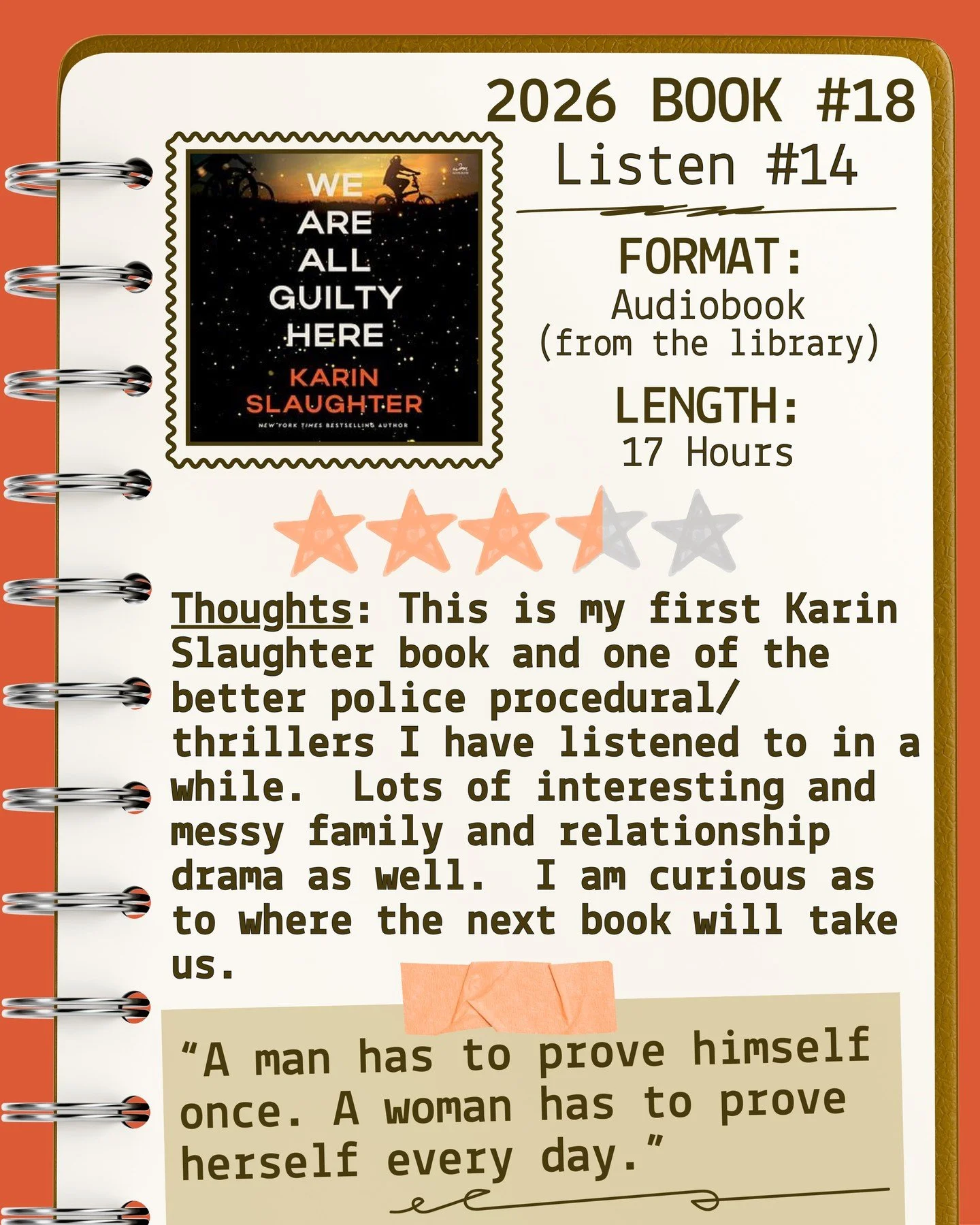 2026 🎧Listen 14/Book 18 - We Are All Guilty Here by Karin Slaughter ⭐️⭐️⭐️ &amp; a half

#readallthebooks #omneslibroslegimus #wereadallthebooks #books #booklovers #read #readers #bookclub #bookclubs #shelfindulgence #shelfindulgencebookclub #shelfi