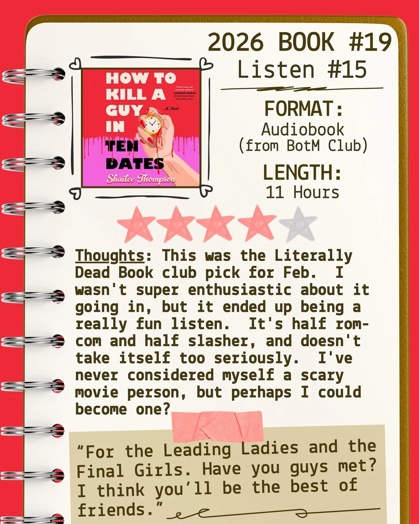 2026 🎧Listen 15/Book 19 - How to Kill a Guy in Ten Dates ⭐️⭐️⭐️⭐️

#readallthebooks #omneslibroslegimus #wereadallthebooks #books #booklovers #read #readers #bookclub #bookclubs #shelfindulgence #shelfindulgencebookclub #shelfindulgencebookclub2026 