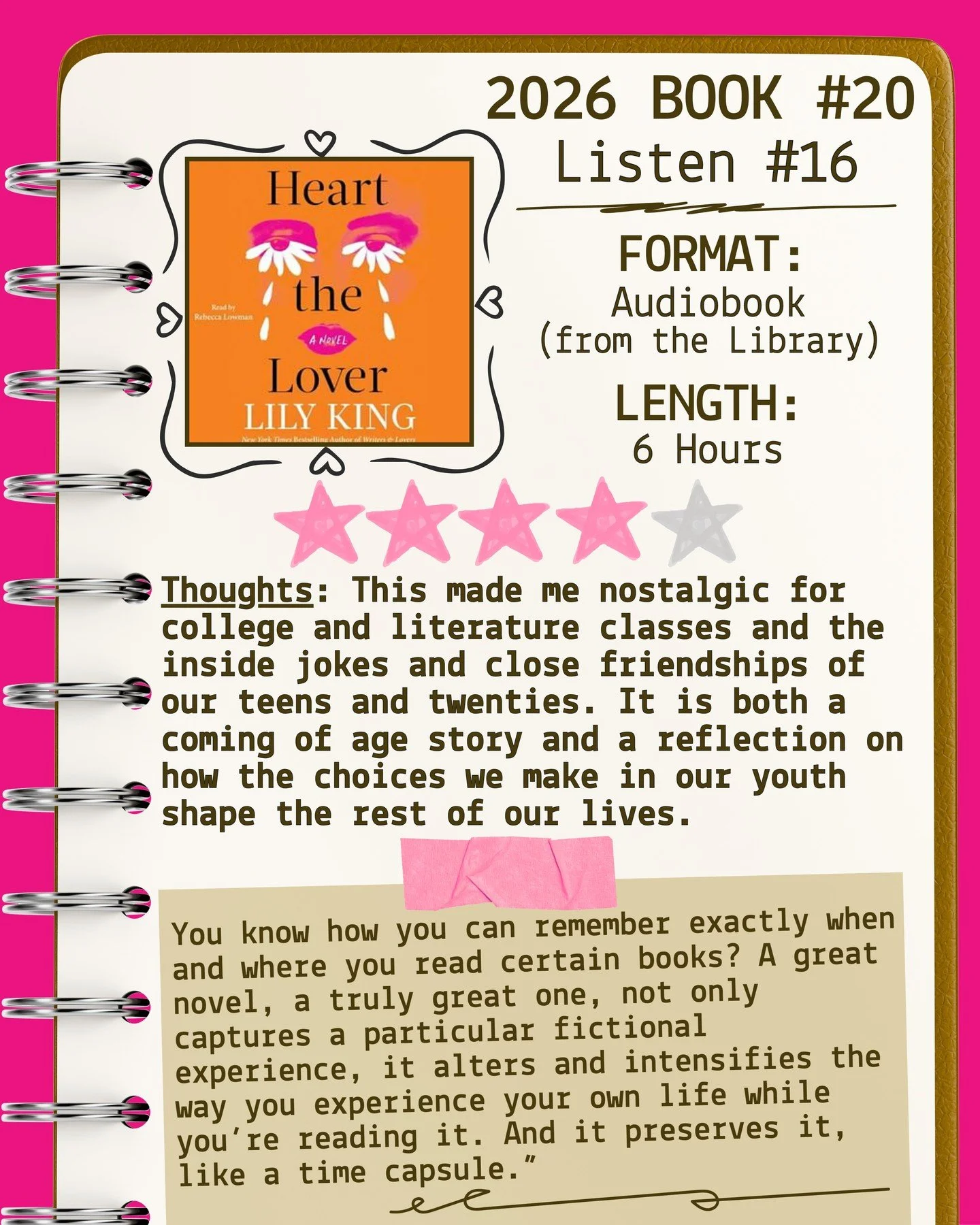 2026 🎧Listen 16/Book 20 - Heart the Lover by Lily King ⭐️⭐️⭐️⭐️

#readallthebooks #omneslibroslegimus #wereadallthebooks #books #booklovers #read #readers #bookclub #bookclubs #shelfindulgence #shelfindulgencebookclub #shelfindulgencebookclub2026 #b