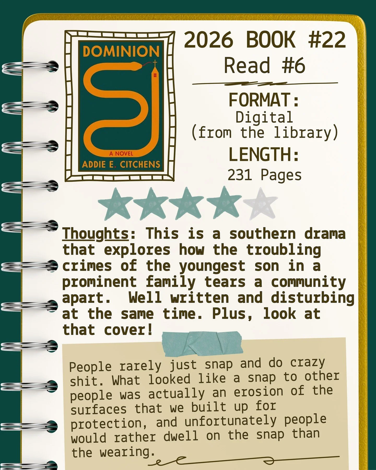2026 📖 Read 6/Book 22 - Dominion by Addie E. Citchens ⭐️⭐️⭐️⭐️

#readallthebooks #omneslibroslegimus #wereadallthebooks #books #booklovers #read #readers #bookclub #bookclubs #shelfindulgence #shelfindulgencebookclub #shelfindulgencebookclub2026 #bo