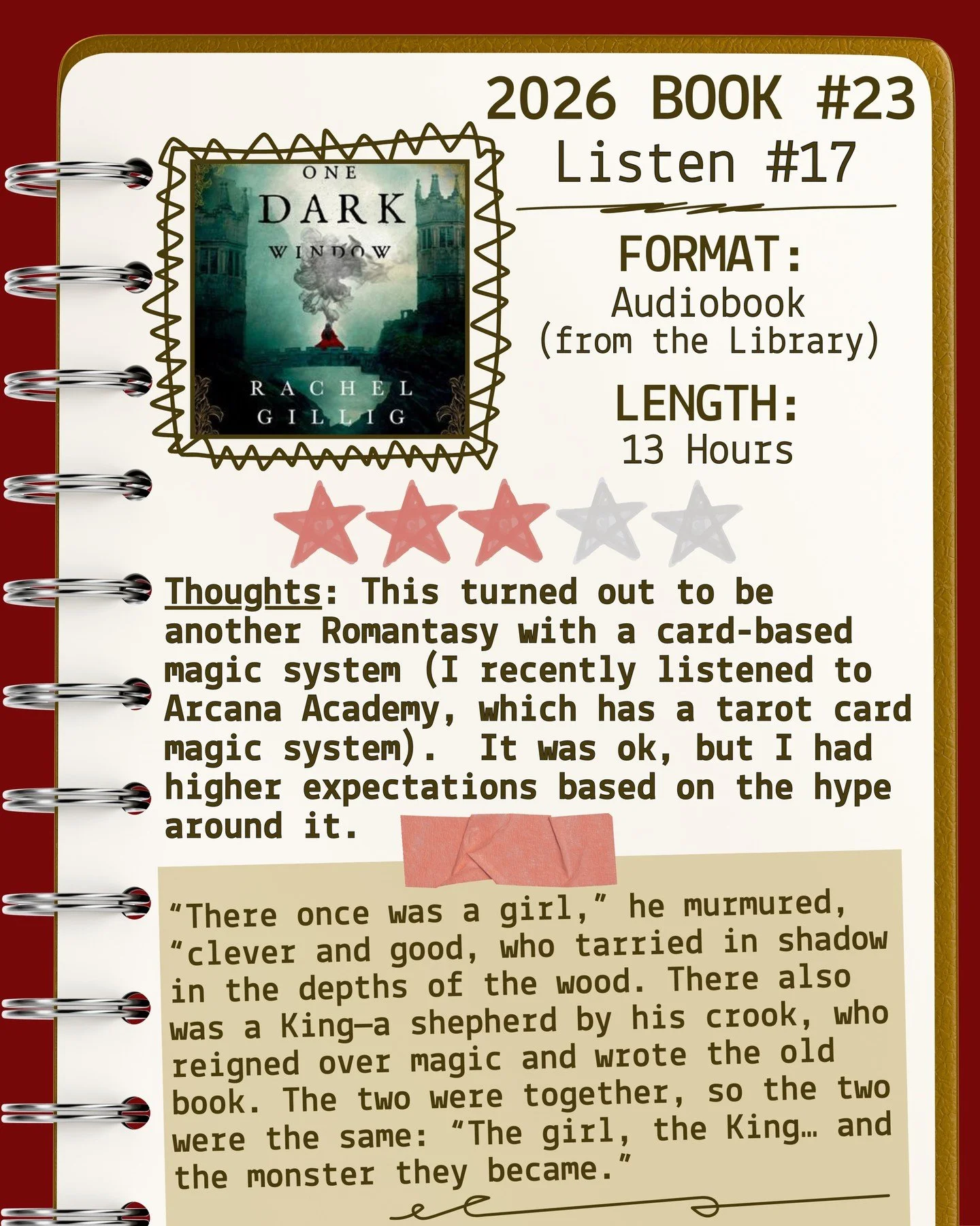 2026 🎧Listen 17/Book 23 - One Dark Window by Rachel Gillig ⭐️⭐️⭐️

#readallthebooks #omneslibroslegimus #wereadallthebooks #books #booklovers #read #readers #bookclub #bookclubs #shelfindulgence #shelfindulgencebookclub #shelfindulgencebookclub2026 