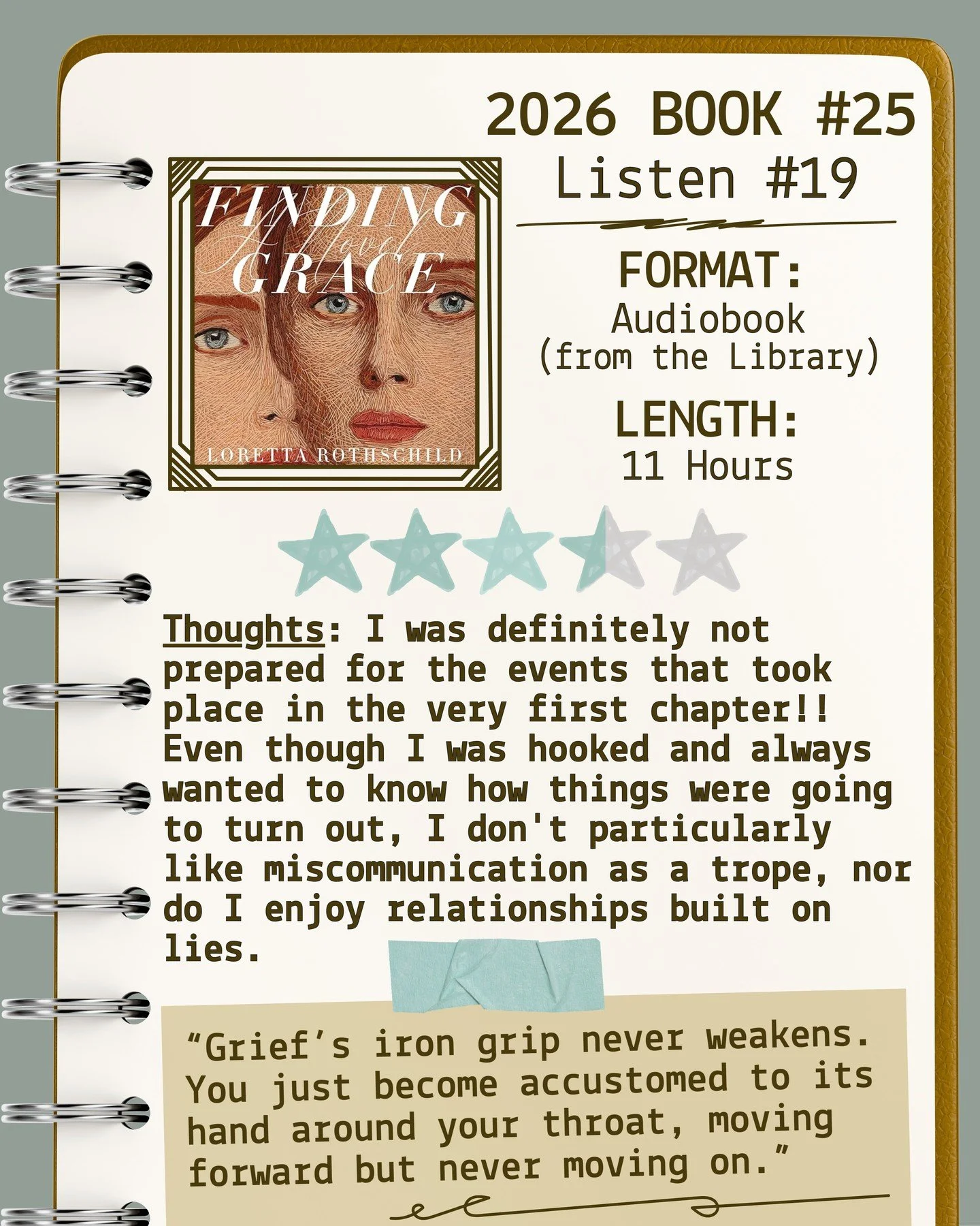 2026 🎧Listen 19/Book 25 - Finding Grace by Loretta Rothschild ⭐️⭐️⭐️&amp; a half

#readallthebooks #omneslibroslegimus #shelfindulgencebookclub #booklover