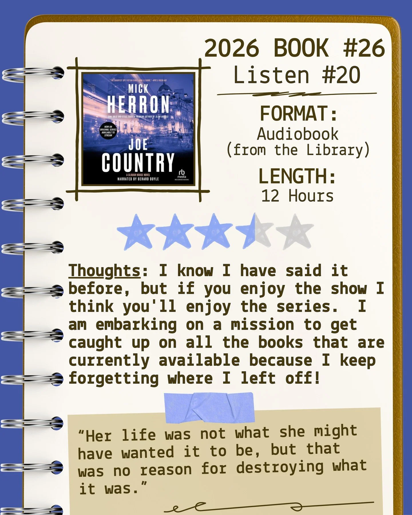 2026 🎧Listen 20/Book 26 - Joe Country by Mick Herron ⭐️⭐️⭐️&amp; a half

#readallthebooks #omneslibroslegimus #shelfindulgencebookclub #booklover #readmorebooks