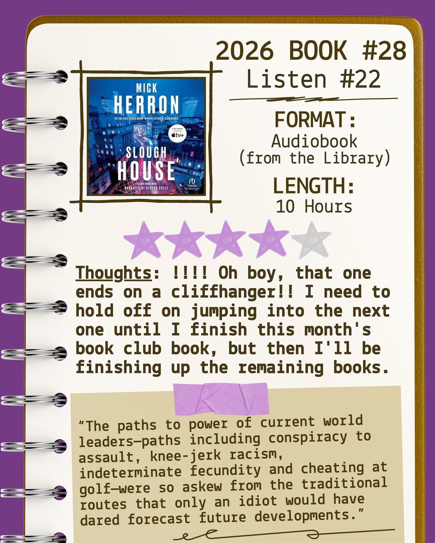 2026 🎧Listen 22/Book 28 - Slough House by Mick Herron ⭐️⭐️⭐️⭐️

#readallthebooks #omneslibroslegimus #shelfindulgencebookclub #booklover #readmorebooks