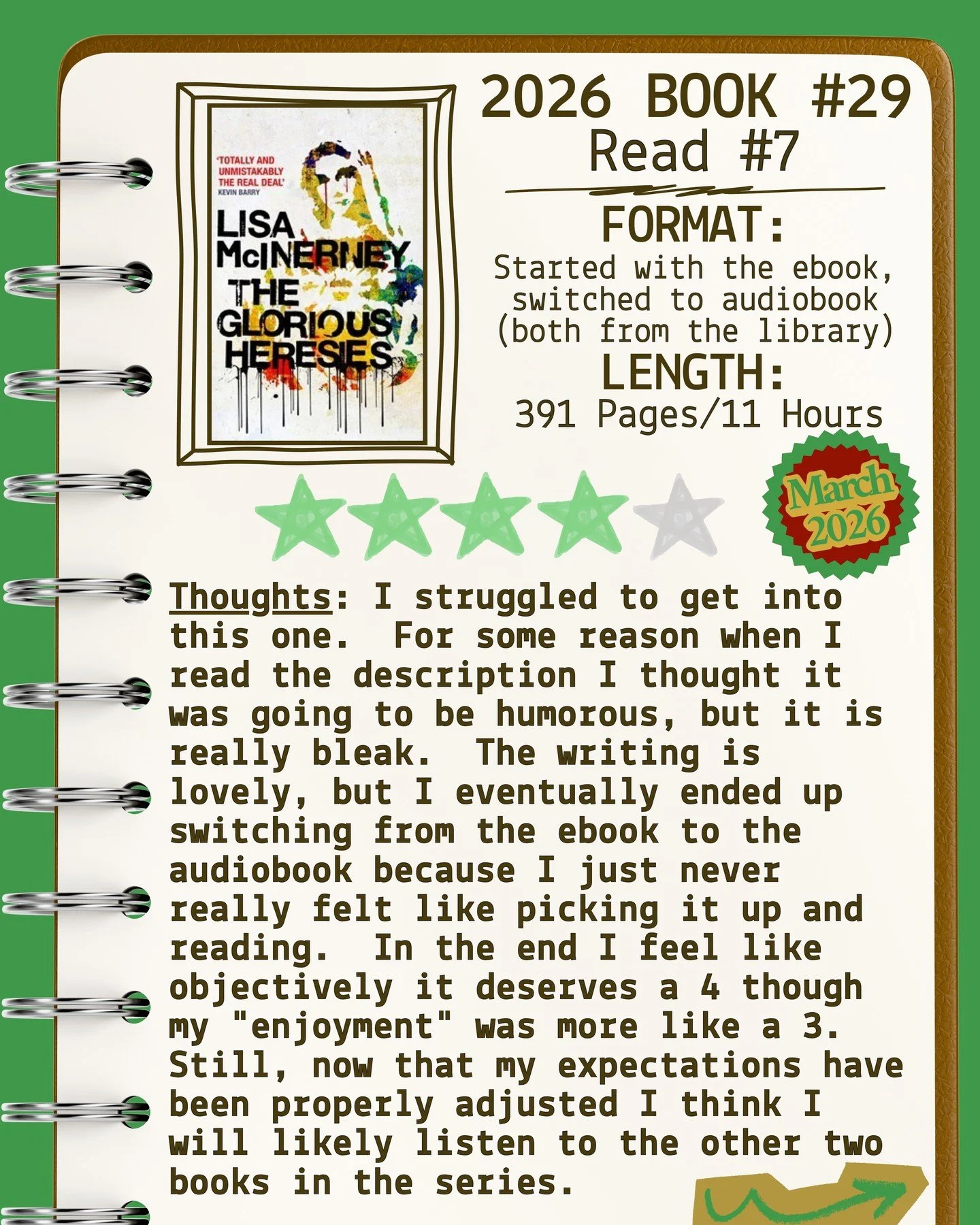 2026 📖 Read 7/Book 29 - The Glorious Heresies by Lisa McInerney - Shelf Indulgence Book Club March 2026 ⭐️⭐️⭐️⭐️

#readallthebooks #omneslibroslegimus #wereadallthebooks #books #booklovers #read #readers #bookclub #bookclubs #shelfindulgence #shelfi