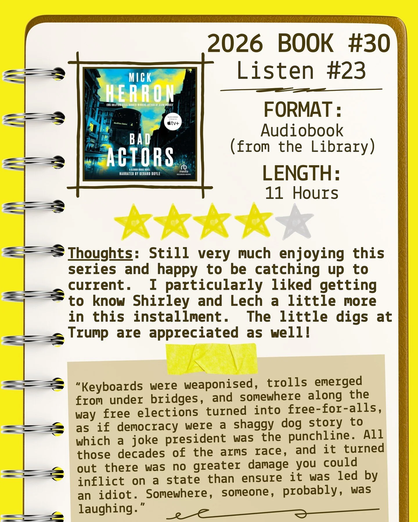 2026 🎧Listen 23/Book 30 - Bad Actors by Mick Herron ⭐️⭐️⭐️⭐️

#readallthebooks #omneslibroslegimus #shelfindulgencebookclub #booklover #readmorebooks