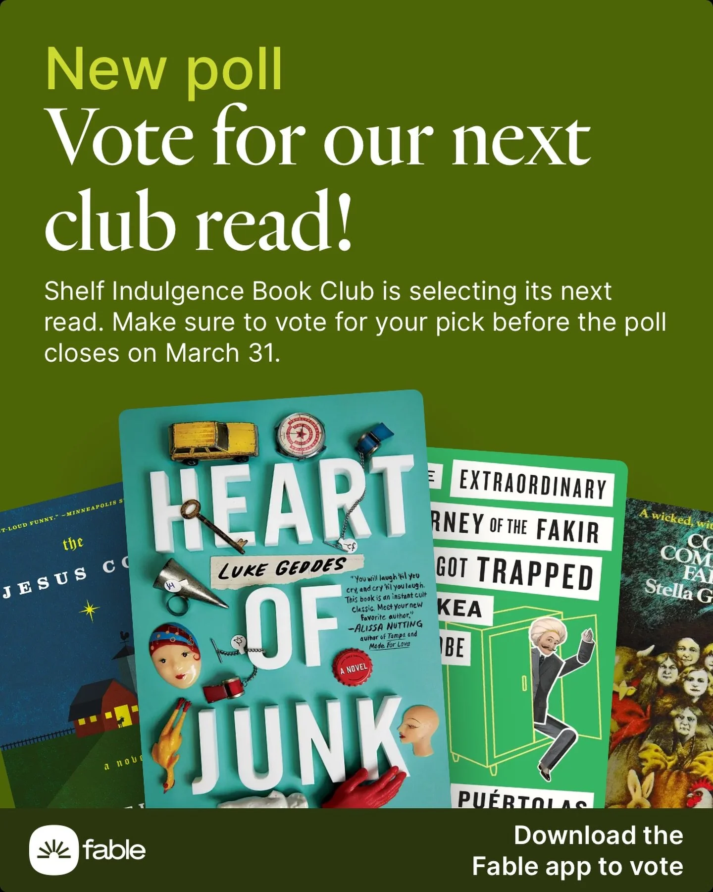 The end of the month snuck up on me! April is right around the corner so it is time to cast your vote for our April book selection! 🗳️

Not part of the club yet? Come join and read with us: https://tinyurl.com/FableSIBC

📚📚📚📚📚📚📚📚
#readallthe