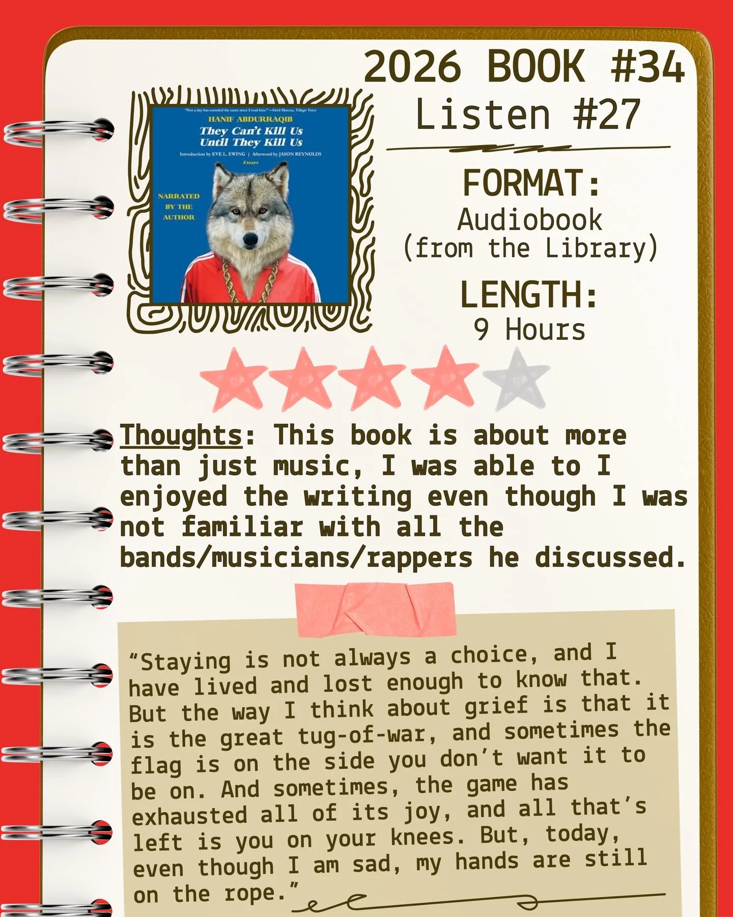 2026 🎧Listen 27/Book 34 - They Can&rsquo;t Kill Us Until They Kill Us by Hanif Abdurraqib ⭐️⭐️⭐️⭐️

#readallthebooks #omneslibroslegimus #shelfindulgencebookclub #booklover #readmorebooks