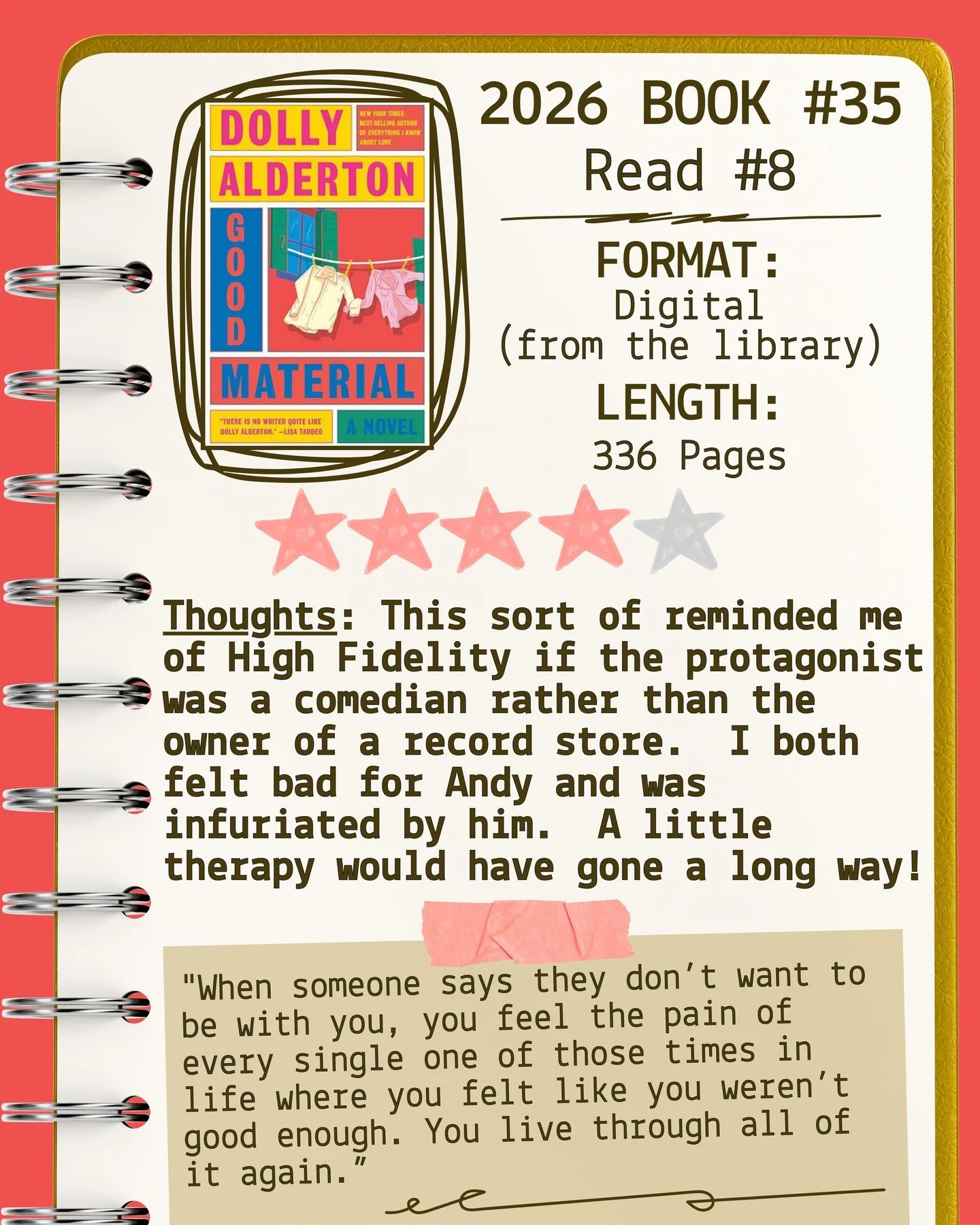 2026 📖 Read 8/Book 35 - Good Material by Dolly Alderton ⭐️⭐️⭐️⭐️

#readallthebooks #omneslibroslegimus #shelfindulgencebookclub #booklover #readmorebooks