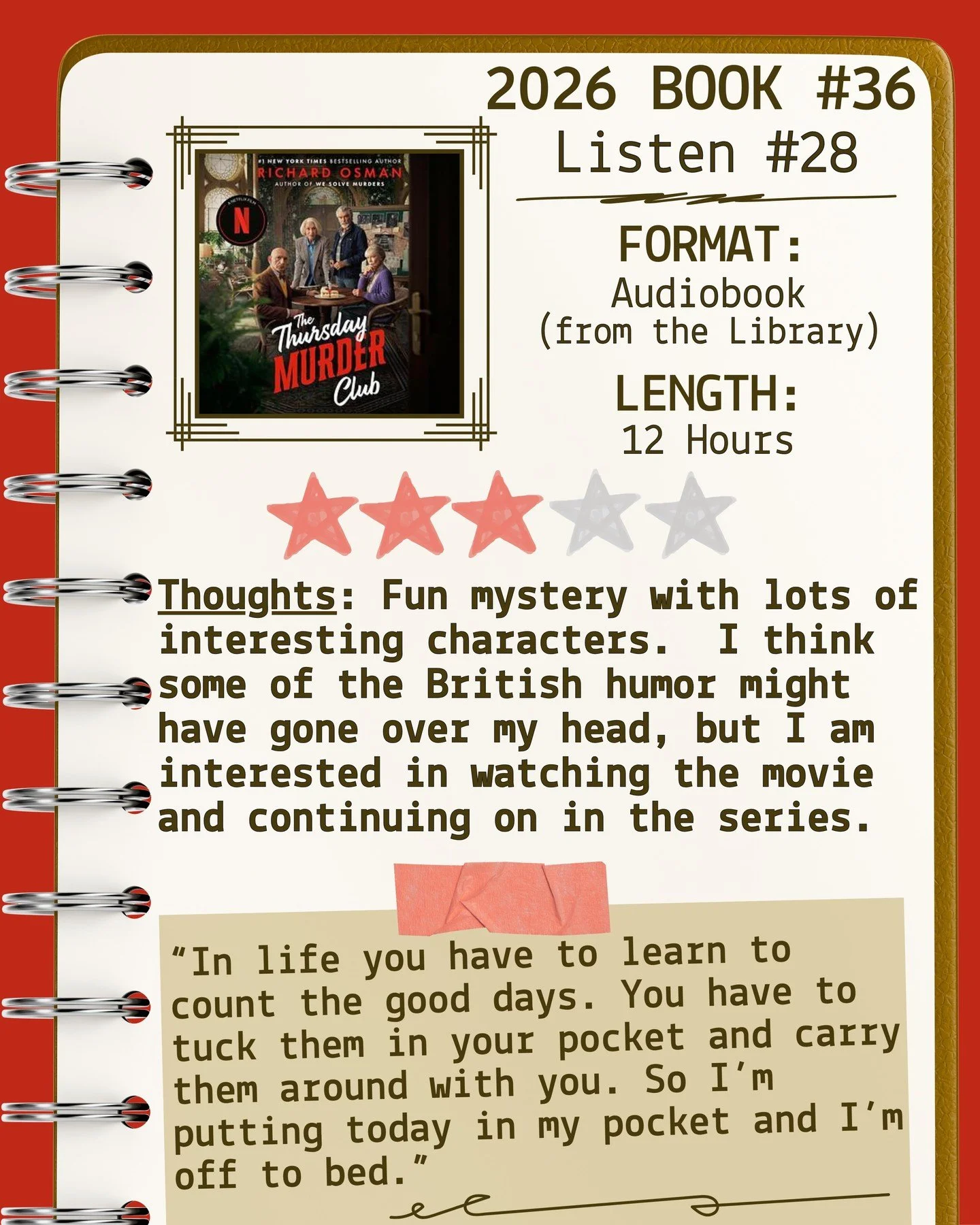 2026 🎧Listen 28/Book 36 - The Thursday Murder Club by Richard Osman ⭐️⭐️⭐️

#readallthebooks #omneslibroslegimus #shelfindulgencebookclub #booklover #readmorebooks